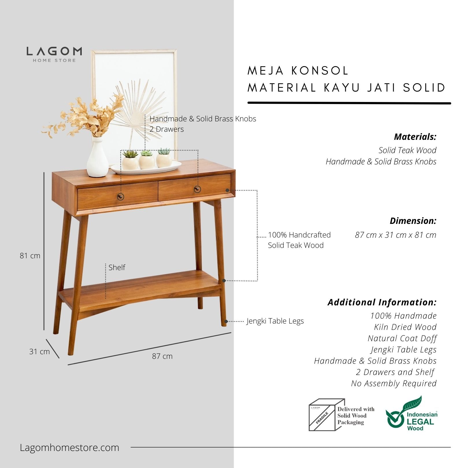 Meja Konsol Dua Laci dari Kayu Jati Solid Console Table Lagom Home Store Jati Furnitur Teak Furniture Jakarta
