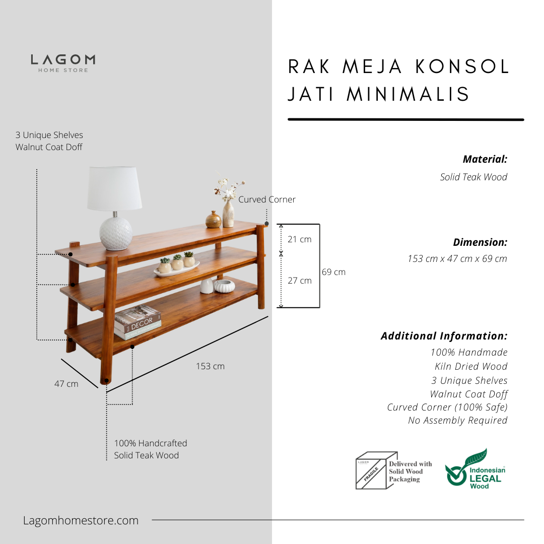 Meja Konsol Jati dengan Tiga Ambalan Bertingkat Console Table Lagom Home Store Jati Furnitur Teak Furniture Jakarta