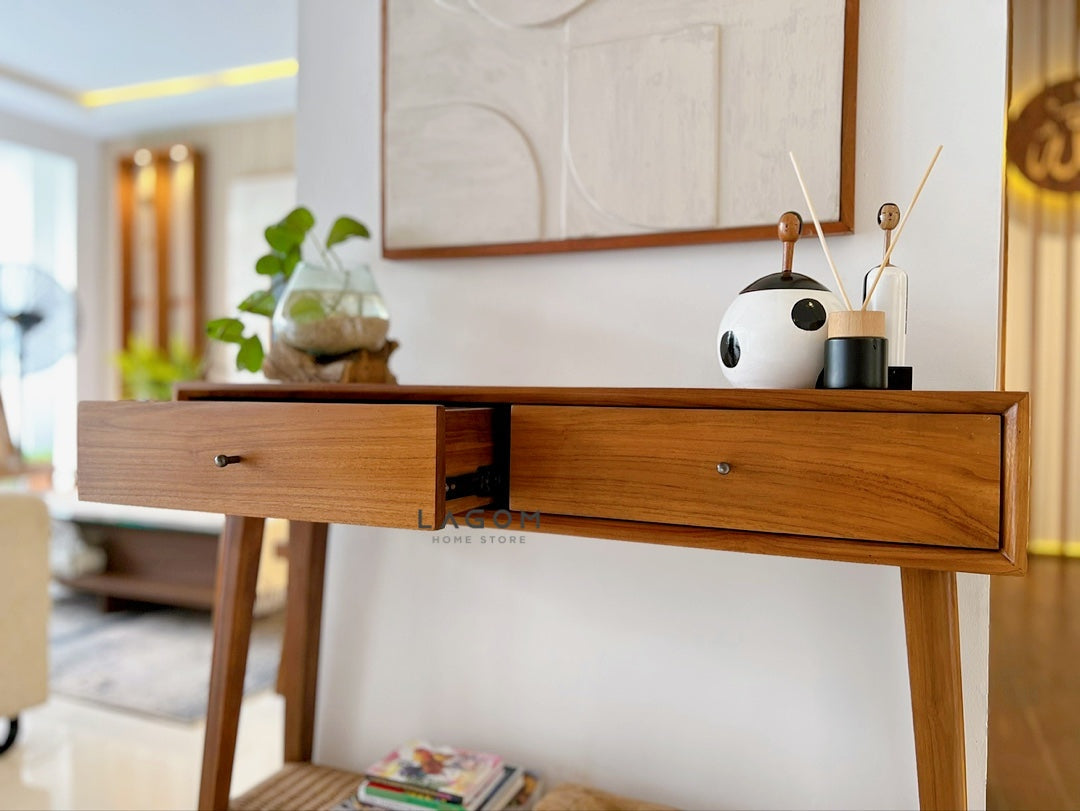 Meja Konsol Kayu Jati dengan Laci dan Ambalan Loom Premium Console Table Lagom Home Store Jati Furnitur Teak Furniture Jakarta