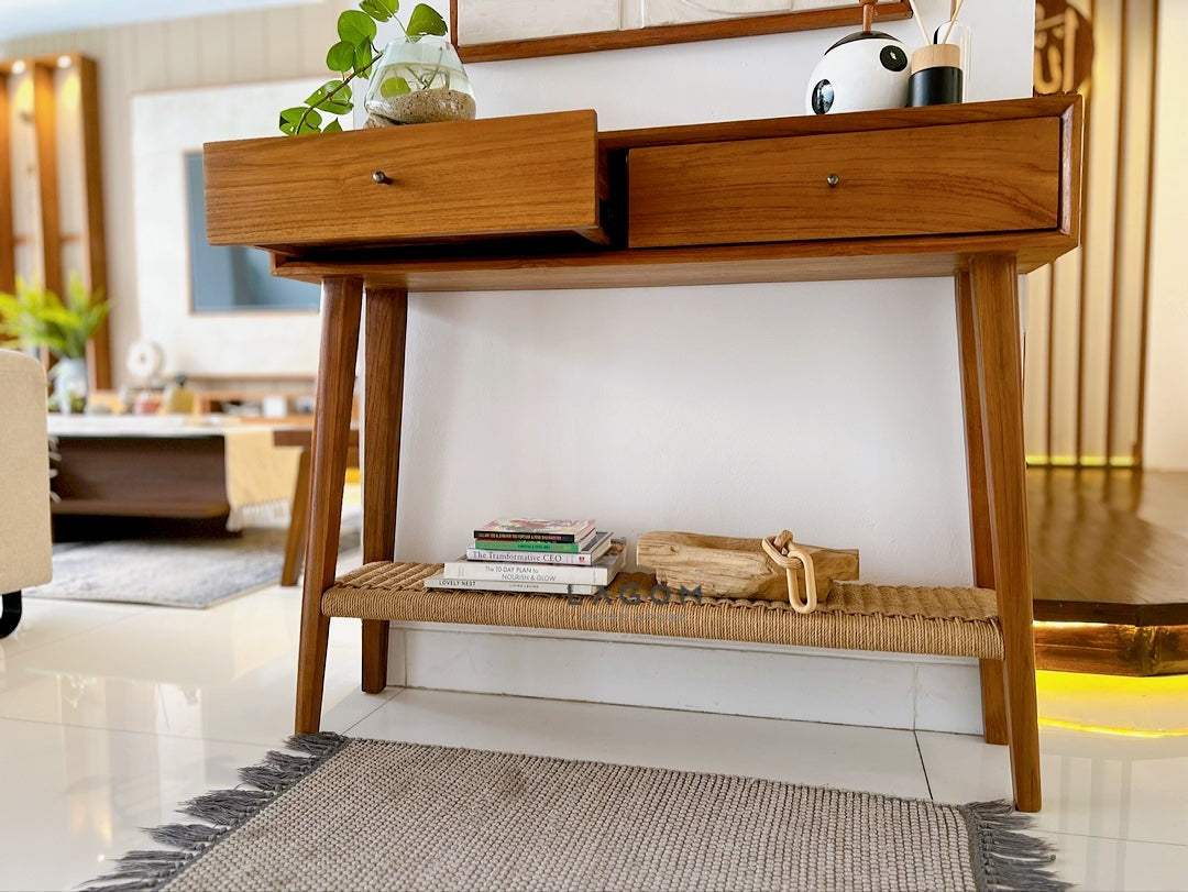 Meja Konsol Kayu Jati dengan Laci dan Ambalan Loom Premium Console Table Lagom Home Store Jati Furnitur Teak Furniture Jakarta