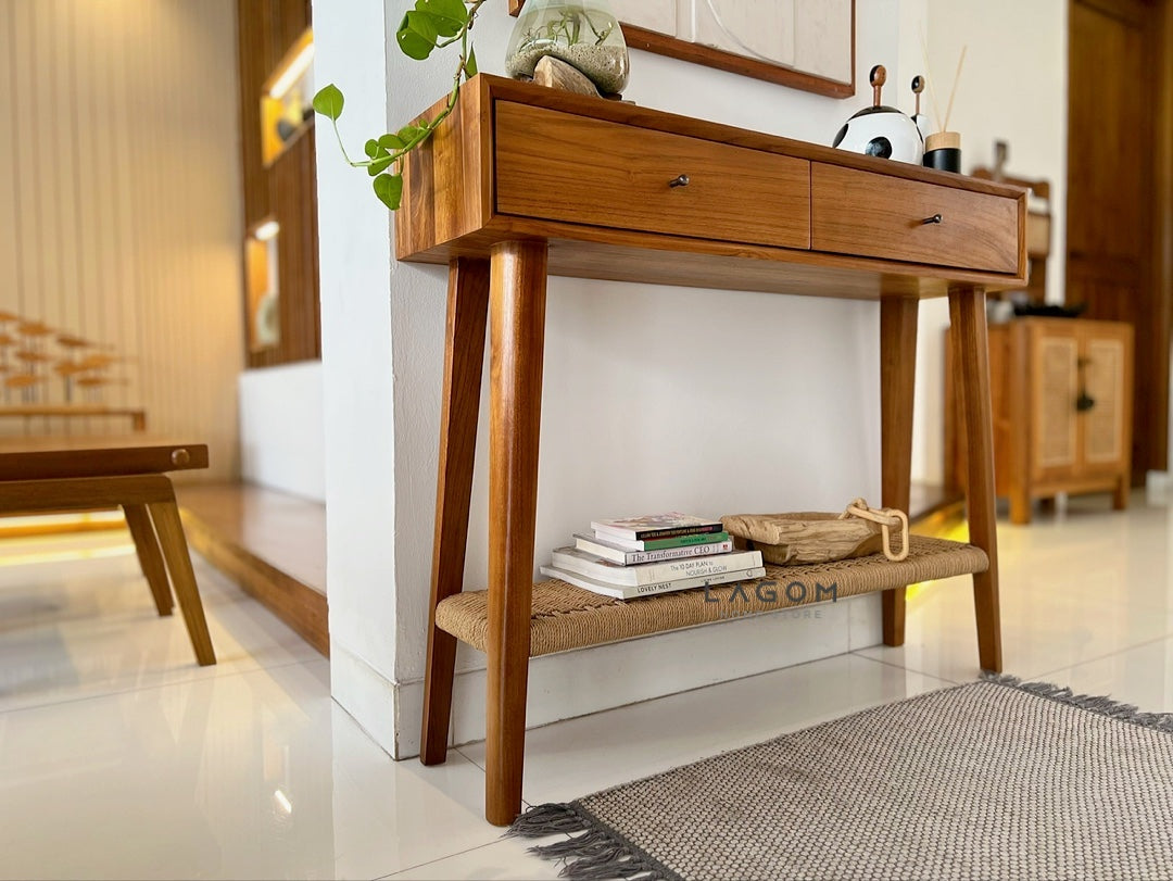 Meja Konsol Kayu Jati dengan Laci dan Ambalan Loom Premium Console Table Lagom Home Store Jati Furnitur Teak Furniture Jakarta