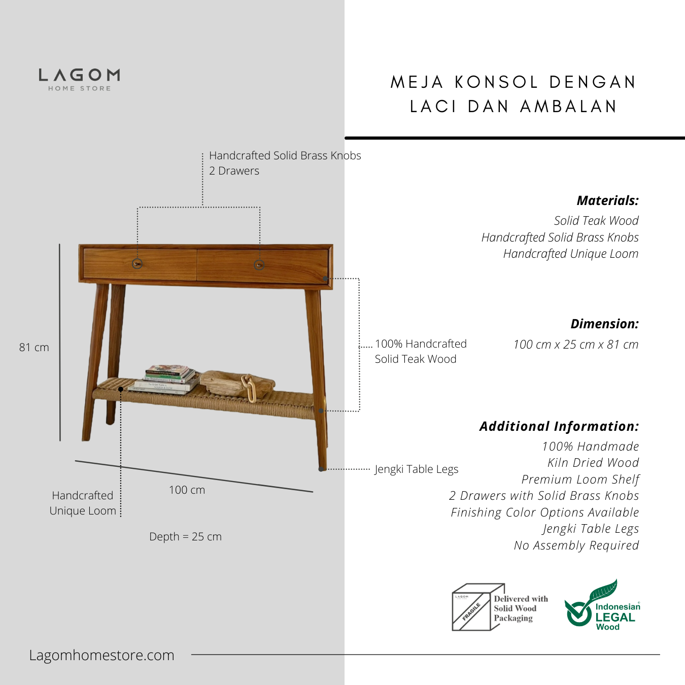 Meja Konsol Kayu Jati dengan Laci dan Ambalan Premium Loom Console Table Lagom Home Store Jati Furnitur Teak Furniture Jakarta