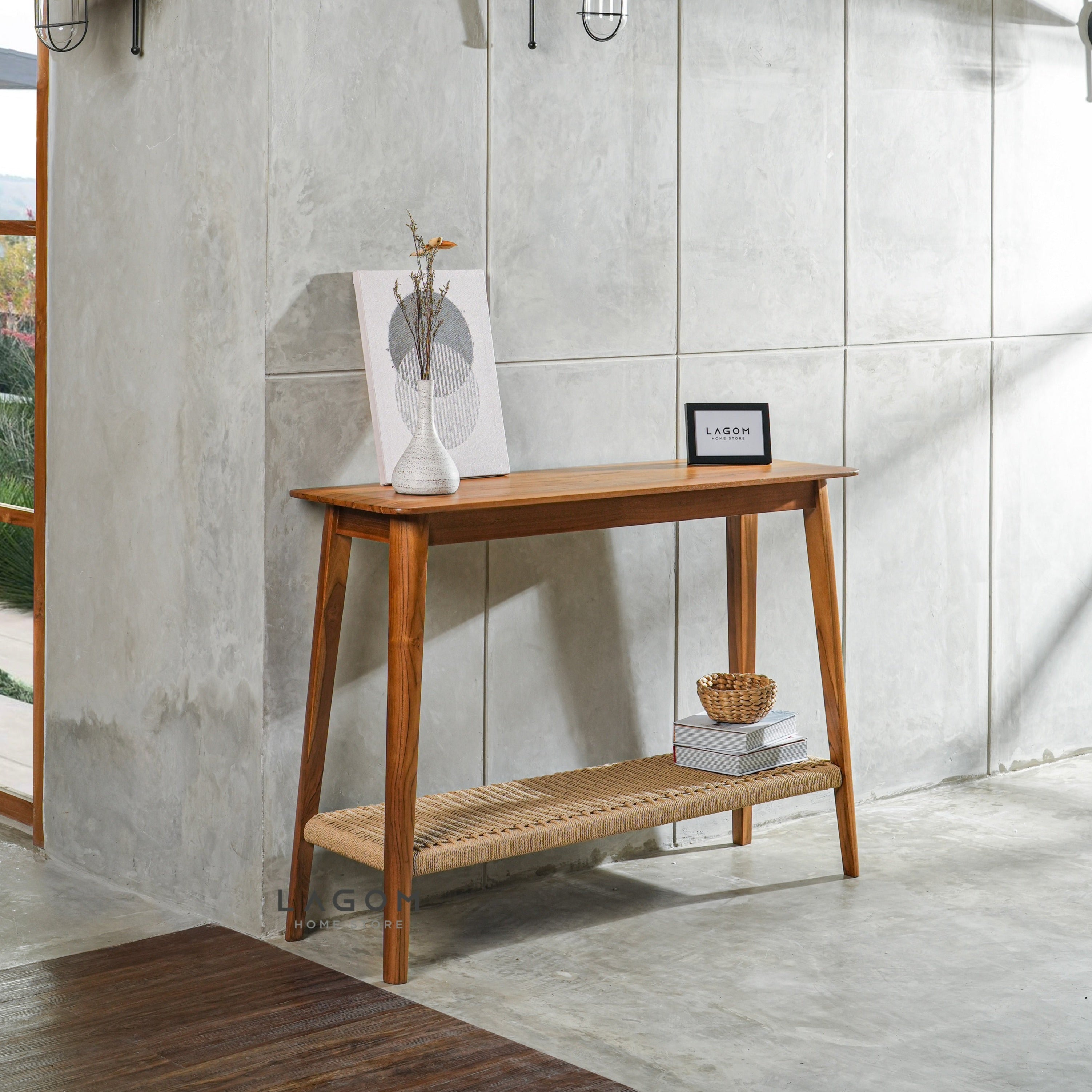 Meja Konsol Kayu Jati dengan Rak Premium Loom Console Table Lagom Home Store Jati Furnitur Teak Furniture Jakarta