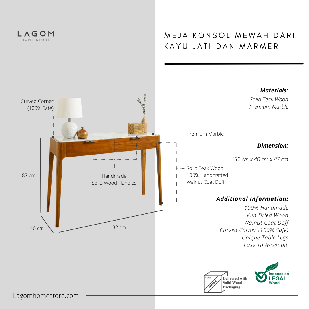 Meja Konsol Mewah dari Kayu Jati dan Marmer Console Table Lagom Home Store Jati Furnitur Teak Furniture Jakarta