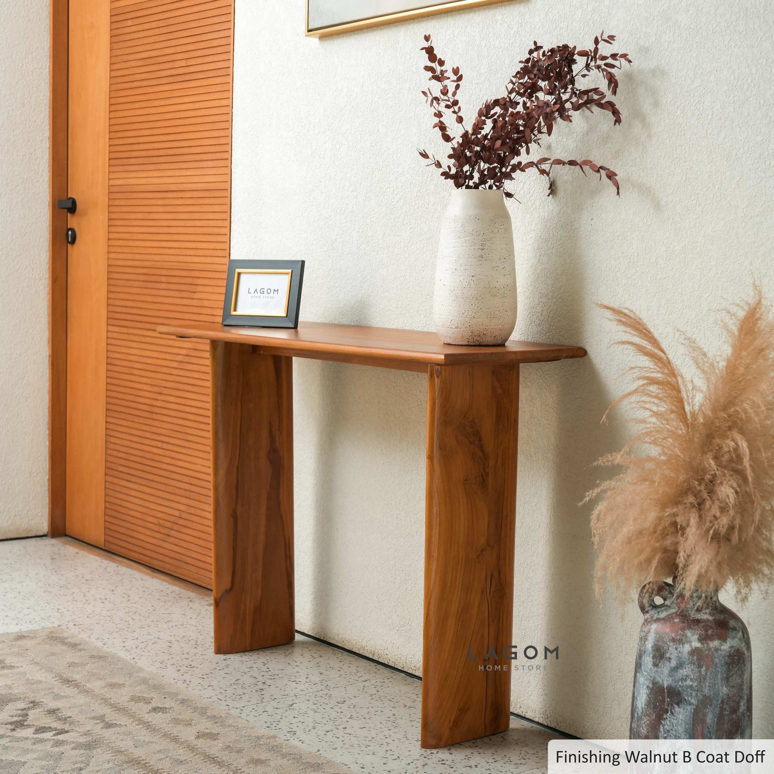 Meja Konsol Minimalis Jati dengan Kaki Unik Console Table Lagom Home Store Jati Furnitur Teak Furniture Jakarta