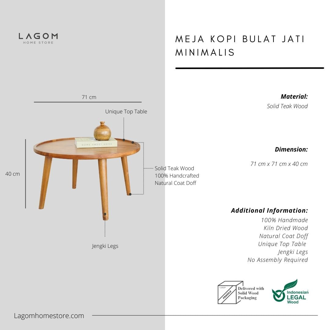 Meja Kopi Bundar Minimalis dari Kayu Jati Solid Coffee Table Lagom Home Store Jati Furnitur Teak Furniture Jakarta