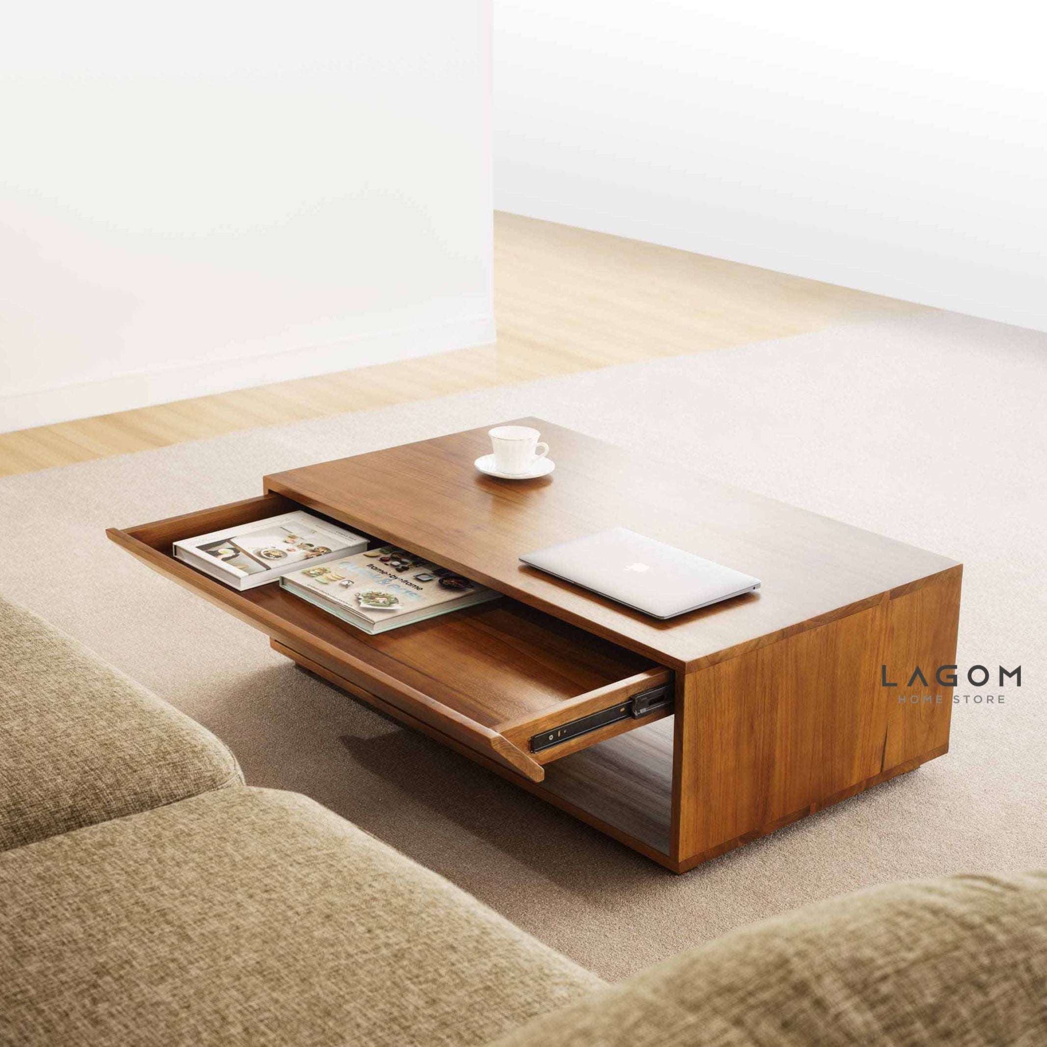 Meja Kopi Ruang Tamu Minimalis dengan Laci dan Ambalan Coffee Table Lagom Home Store Jati Furnitur Teak Furniture Jakarta