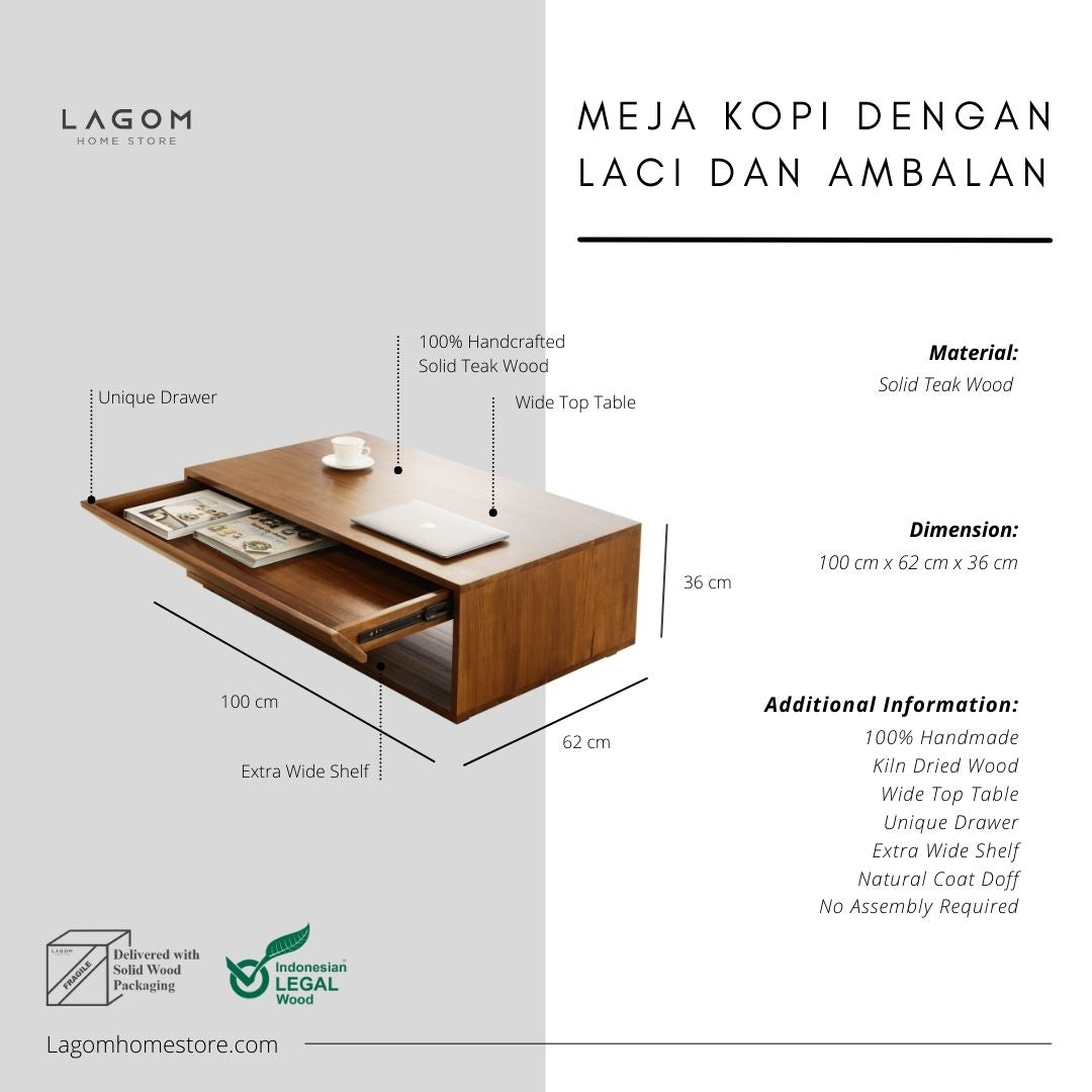 Meja Kopi Ruang Tamu Minimalis dengan Laci dan Ambalan Coffee Table Lagom Home Store Jati Furnitur Teak Furniture Jakarta