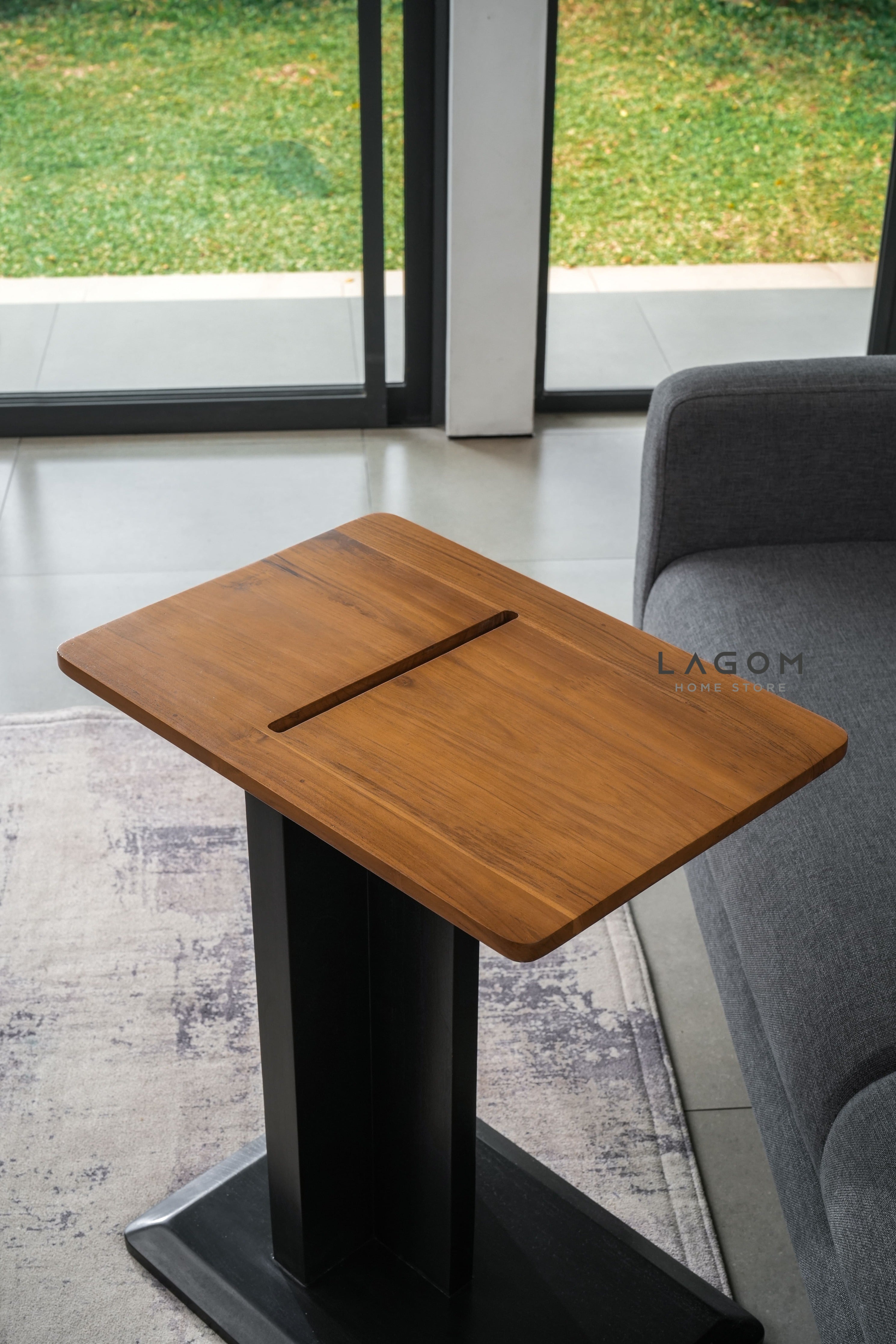 Meja Samping dengan Slot HP dan iPad dari Kayu Jati Side Table Lagom Home Store Jati Furnitur Teak Furniture Jakarta