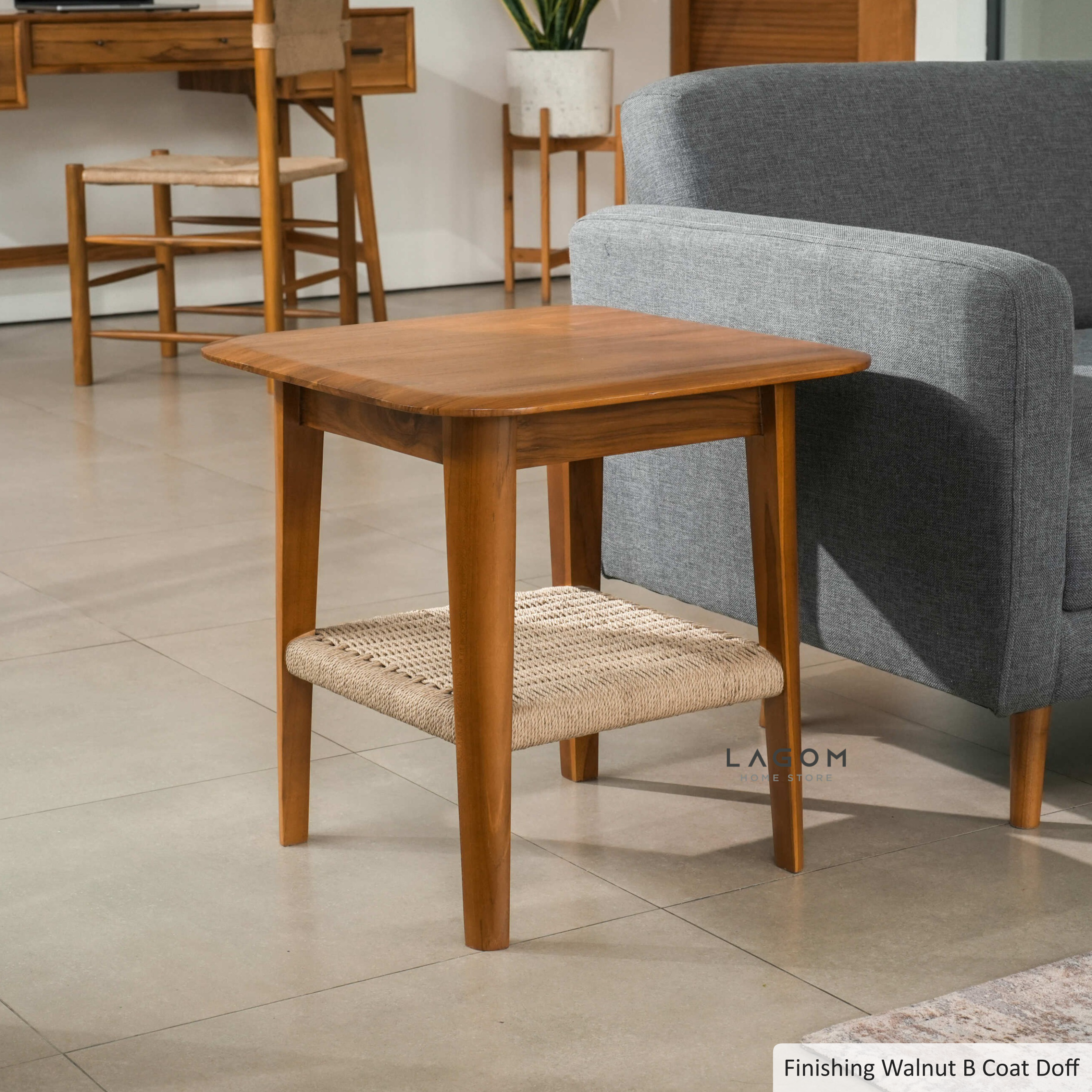 Meja Samping Kayu Jati Solid dengan Premium Loom Side Table Lagom Home Store Jati Furnitur Teak Furniture Jakarta