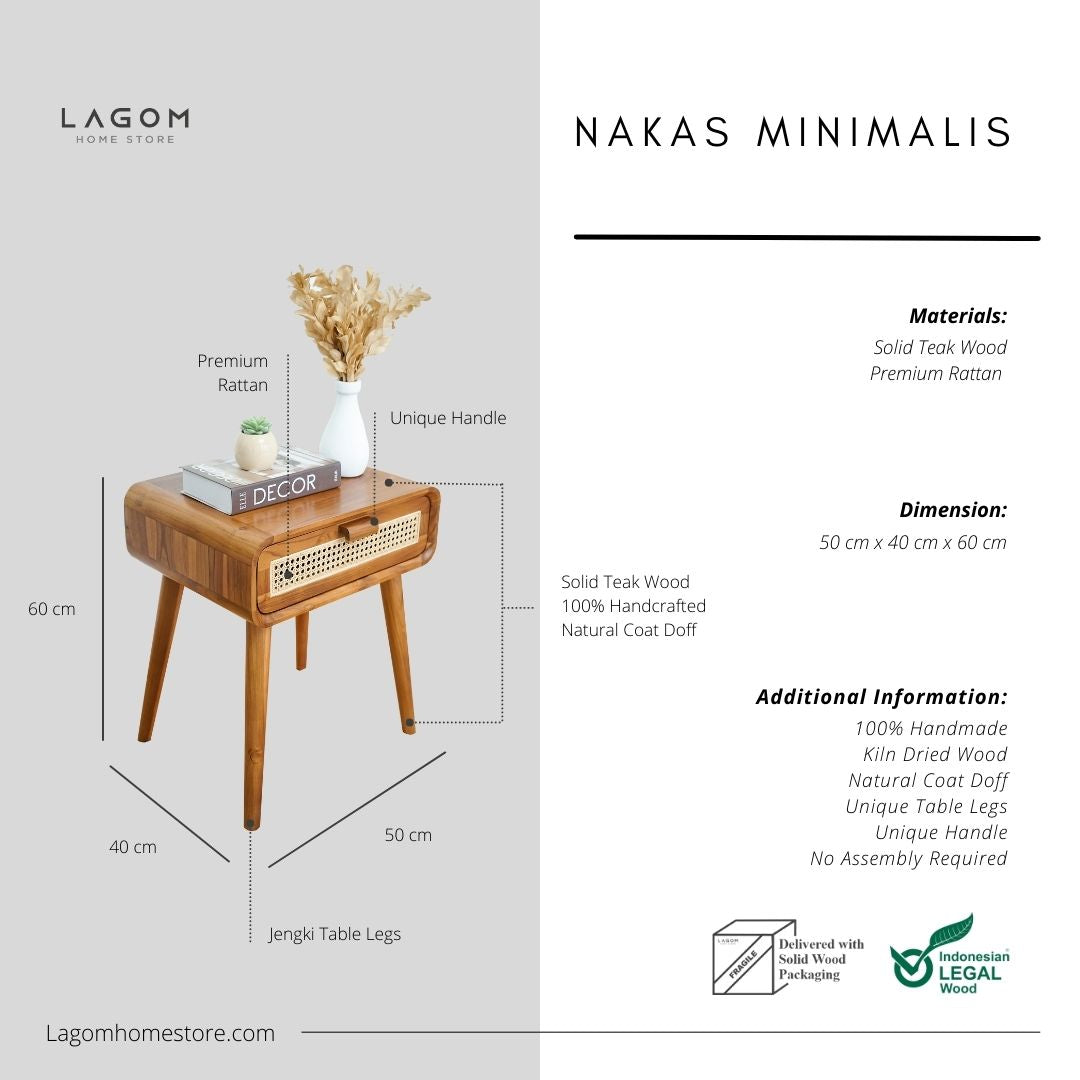 Meja Samping Unik dengan Aksen Rotan dari Kayu Jati Solid Side Table Lagom Home Store Jati Furnitur Teak Furniture Jakarta