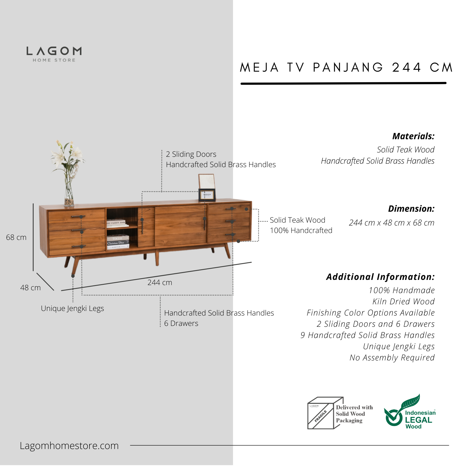 Meja TV Kayu Jati - Panjang 244 cm TV Cabinet Lagom Home Store Jati Furnitur Teak Furniture Jakarta