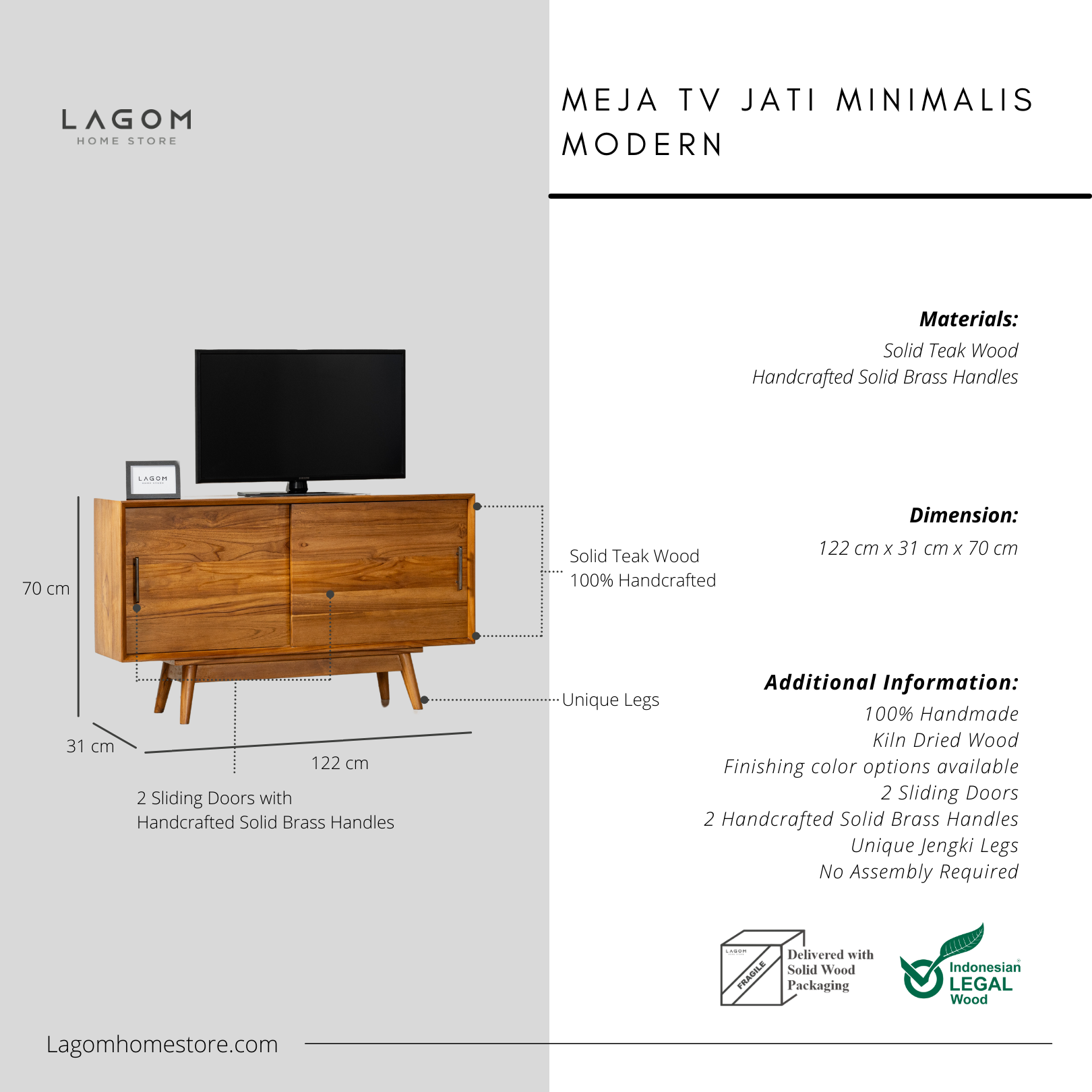 Meja TV/Meja Konsol dengan Pintu Geser dari Kayu Jati - Panjang 122 cm TV Cabinet Lagom Home Store Jati Furnitur Teak Furniture Jakarta