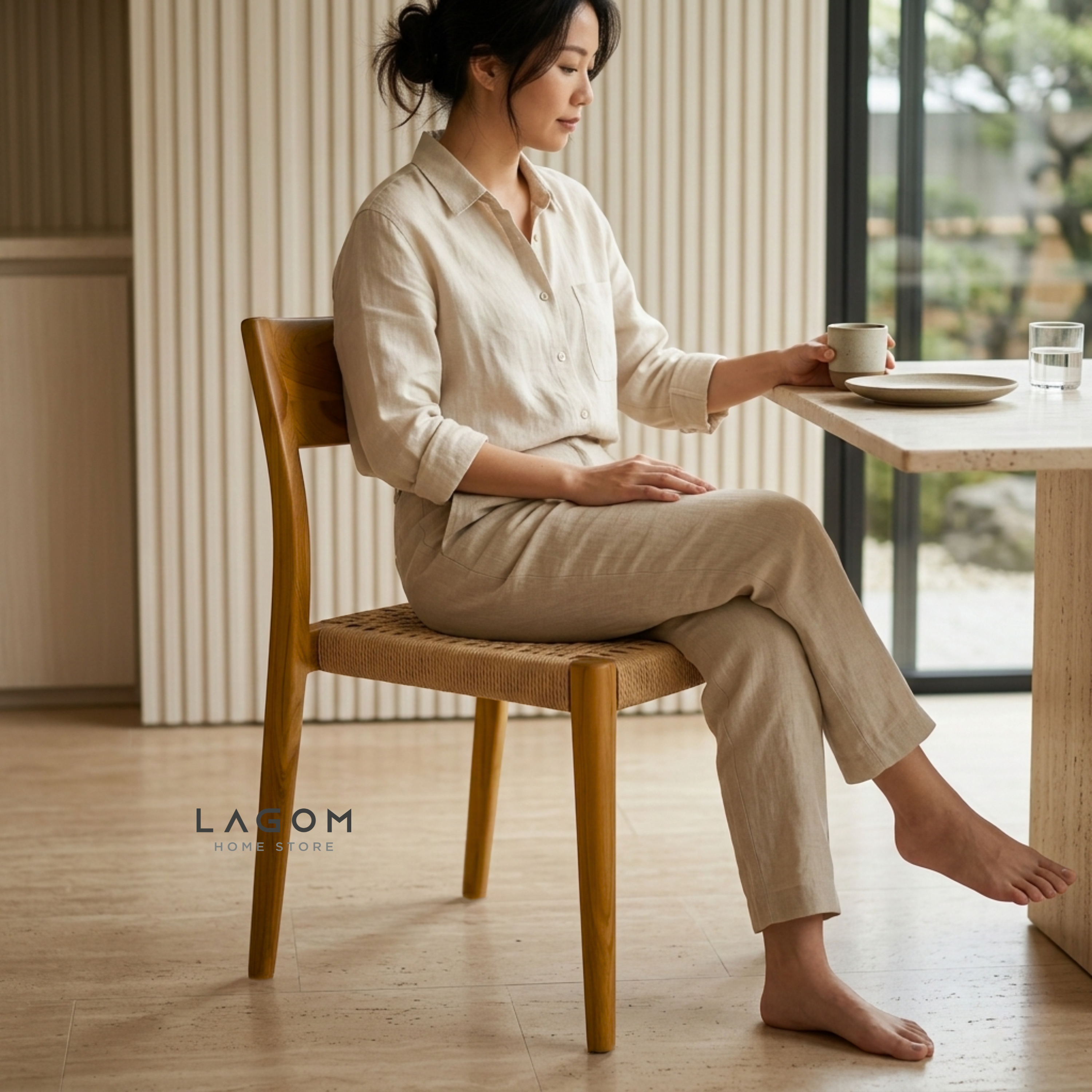 Minimalist Chair in Teak & Paper Loom Chair Lagom Home Store Jati Furnitur Teak Furniture Jakarta