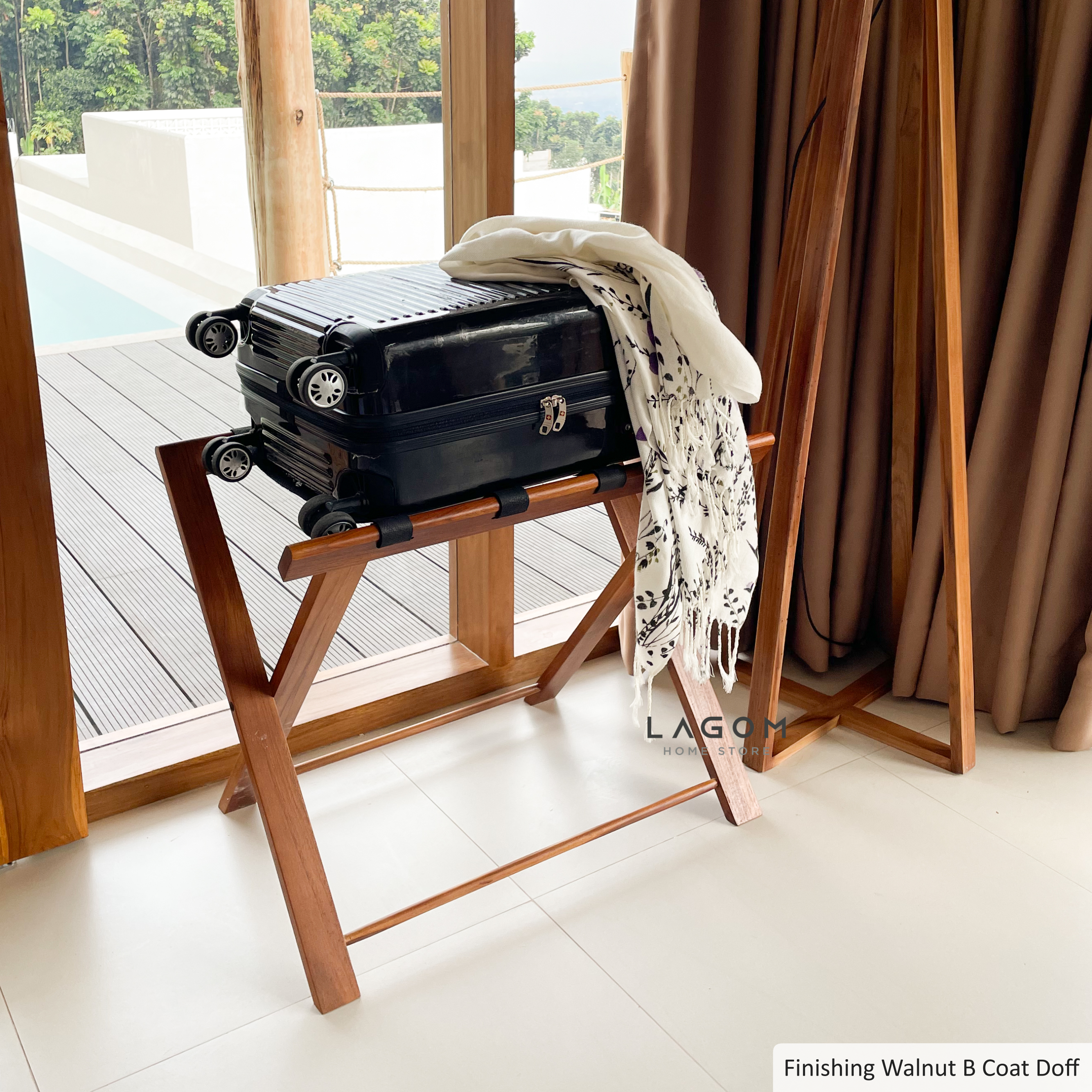 Penyangga Koper Kayu Jati Eksklusif dan Genuine Leather Luggage Rack Lagom Home Store Jati Furnitur Teak Furniture Jakarta