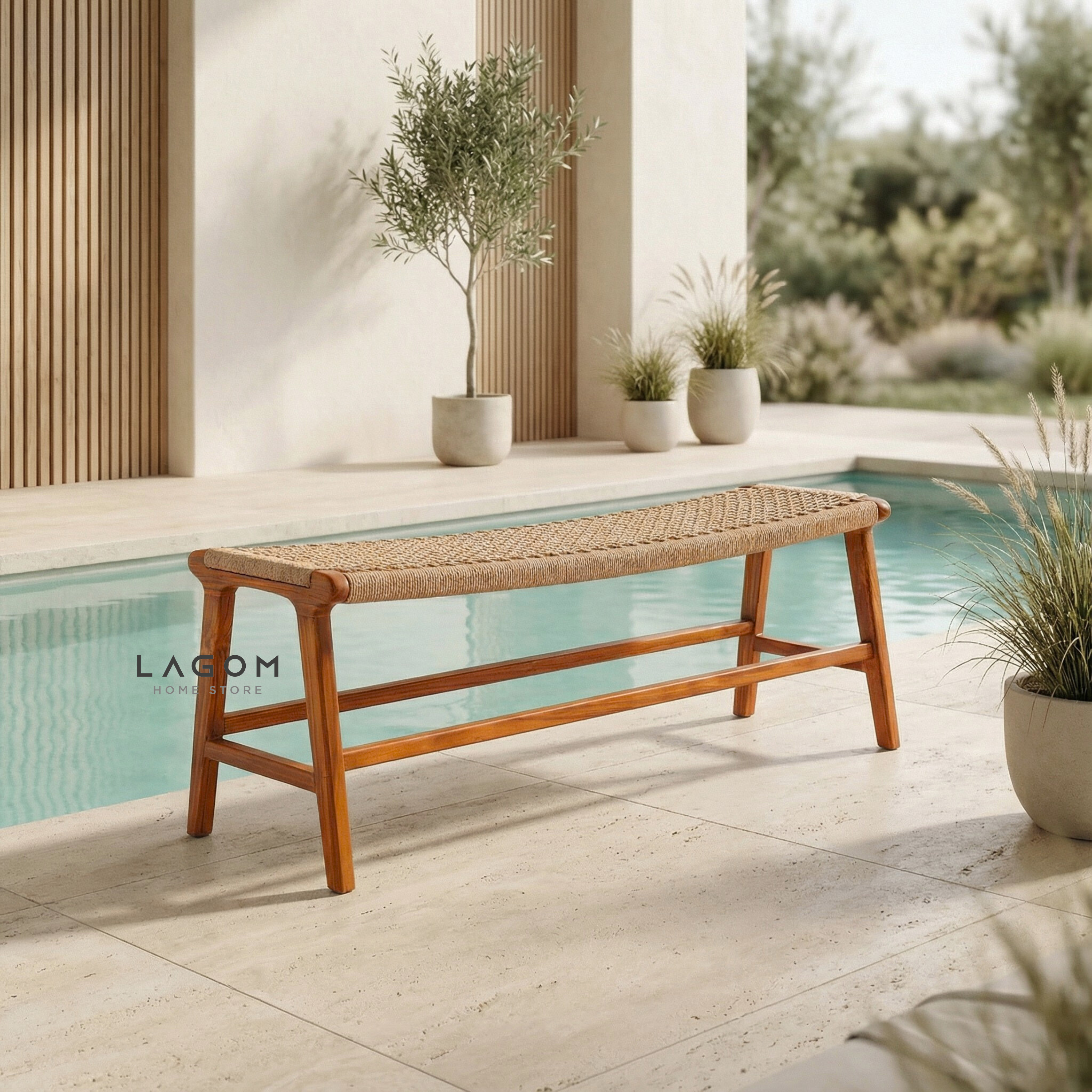 Premium Bench in Teak Wood & Loom Bench Seat Lagom Home Store Jati Furnitur Teak Furniture Jakarta
