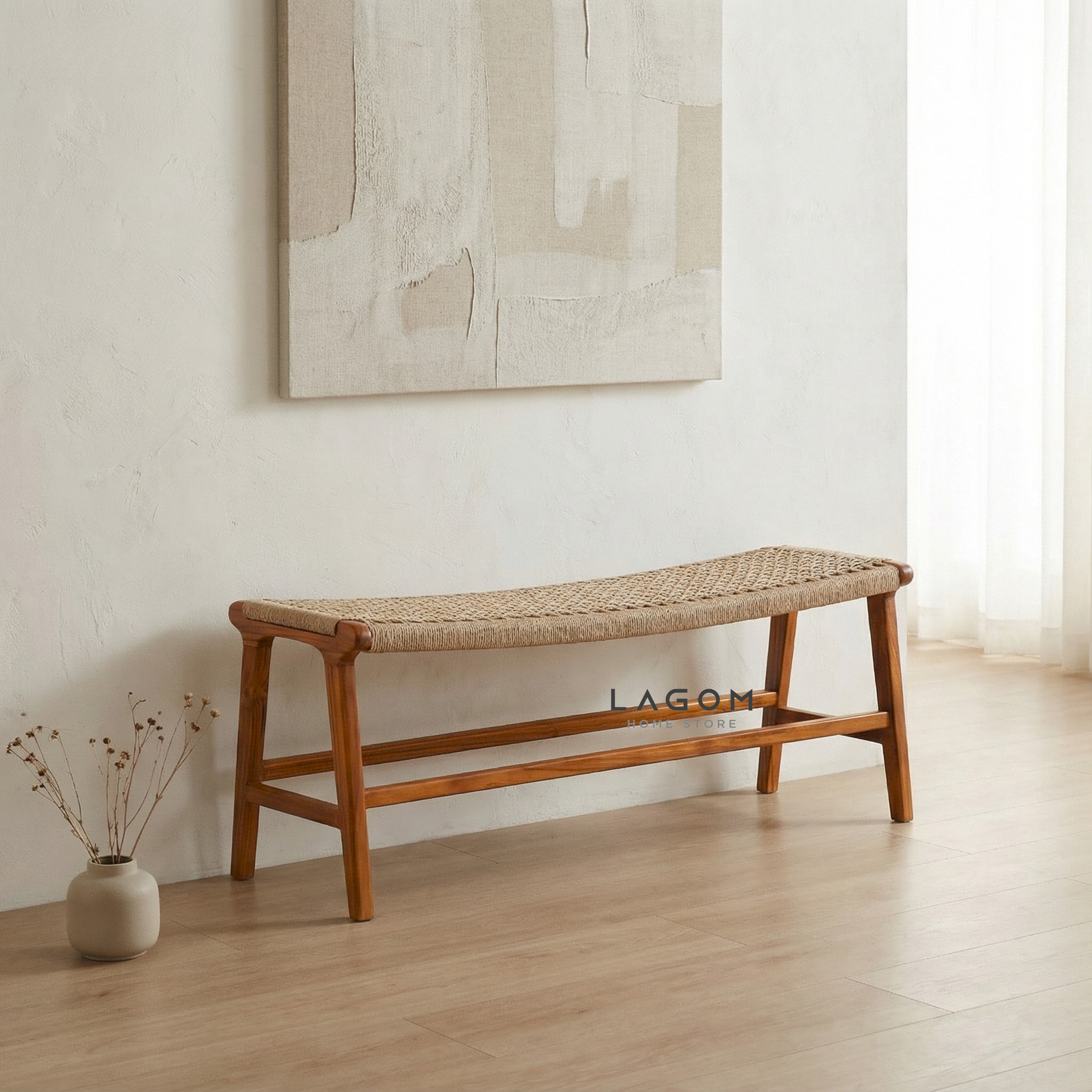 Premium Bench in Teak Wood & Loom Bench Seat Lagom Home Store Jati Furnitur Teak Furniture Jakarta