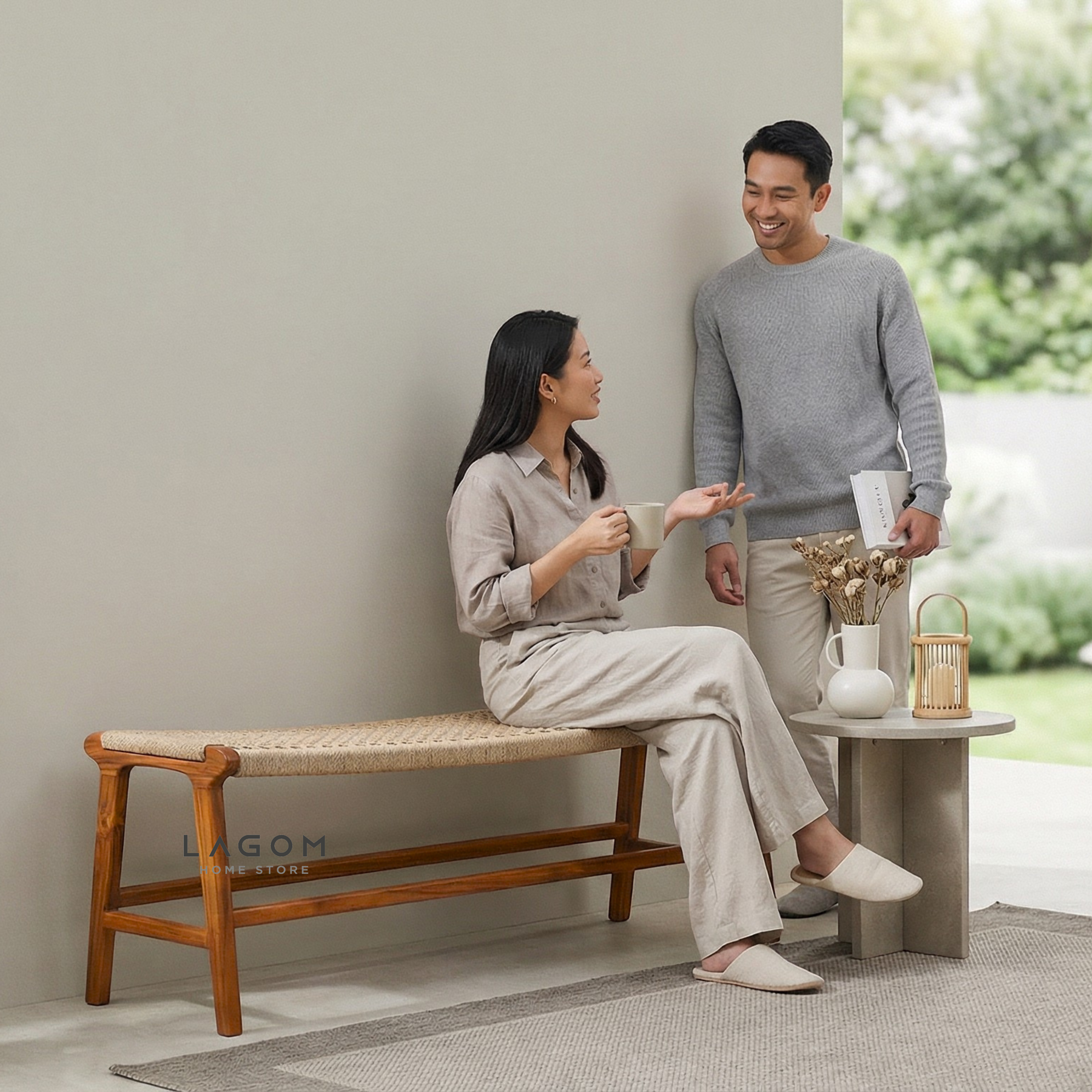 Premium Bench in Teak Wood & Loom Bench Seat Lagom Home Store Jati Furnitur Teak Furniture Jakarta