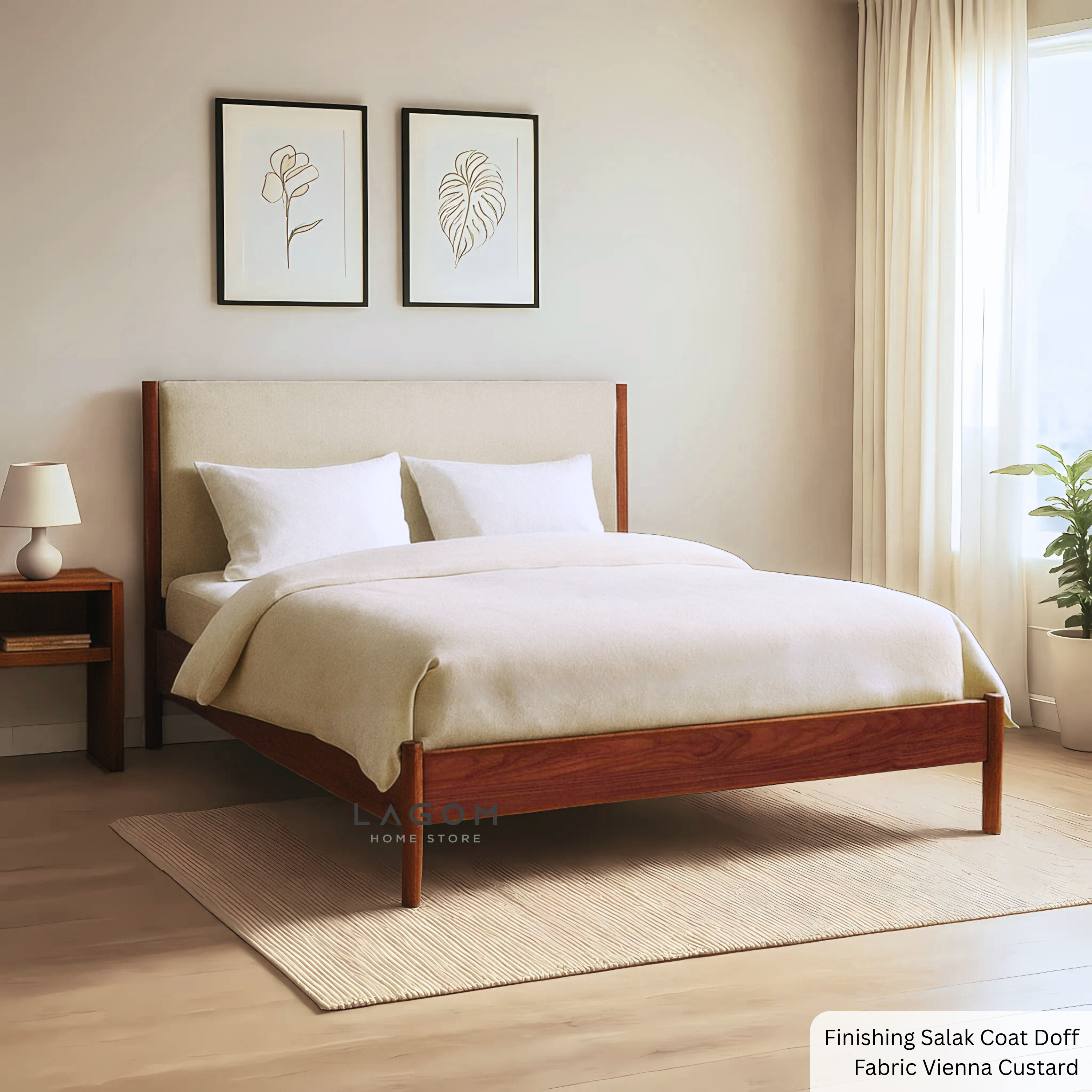 Premium Teak Bed Frame with Cushioned Headboard 170 cm x 210 cm x 110 cm (Mattress 160 cm × 200 cm) Bed Frame Lagom Home Store Jati Furnitur Teak Furniture Jakarta