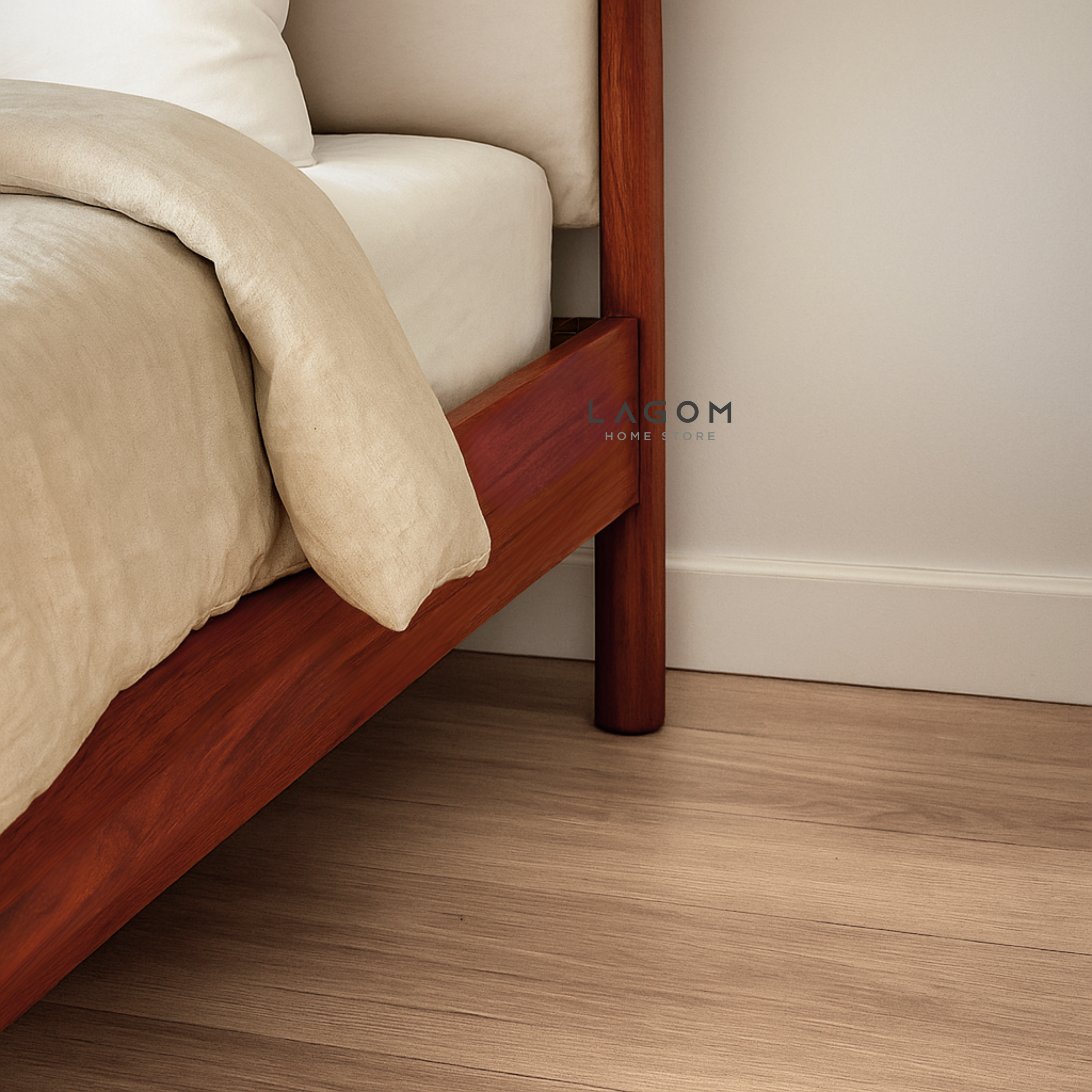 Premium Teak Bed Frame with Cushioned Headboard 170 cm x 210 cm x 110 cm (Mattress 160 cm × 200 cm) Bed Frame Lagom Home Store Jati Furnitur Teak Furniture Jakarta