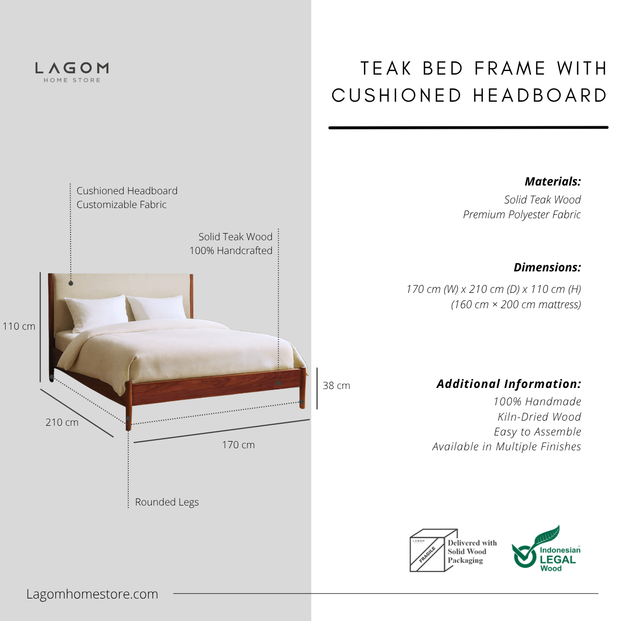 Premium Teak Bed Frame with Cushioned Headboard 170 cm x 210 cm x 110 cm (Mattress 160 cm × 200 cm) Bed Frame Lagom Home Store Jati Furnitur Teak Furniture Jakarta