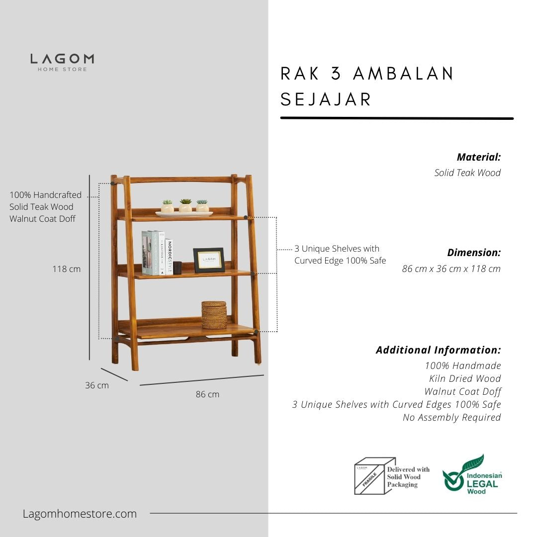 Rak 3 Ambalan Sejajar Material Kayu Jati Solid Bookshelves Lagom Home Store Jati Furnitur Teak Furniture Jakarta