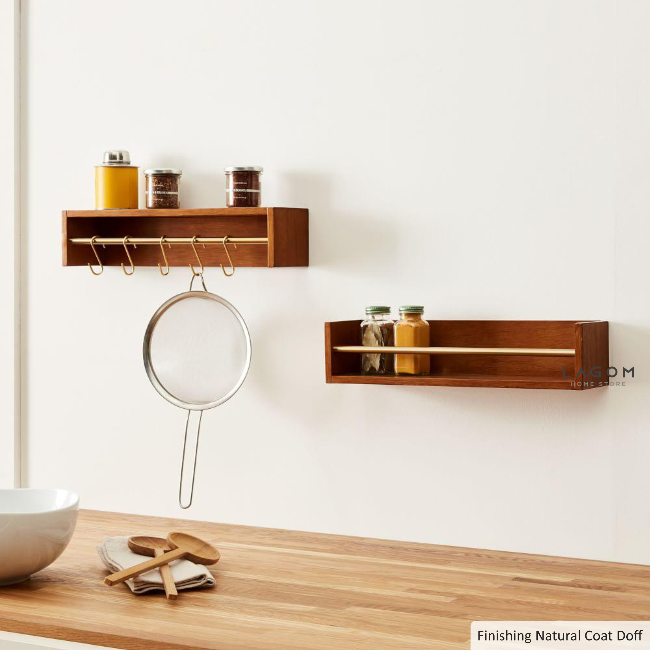 Rak Ambalan Dinding Kayu Jati dengan Gantungan Set of 2 (Medium Size) Wall Shelf Lagom Home Store Jati Furnitur Teak Furniture Jakarta