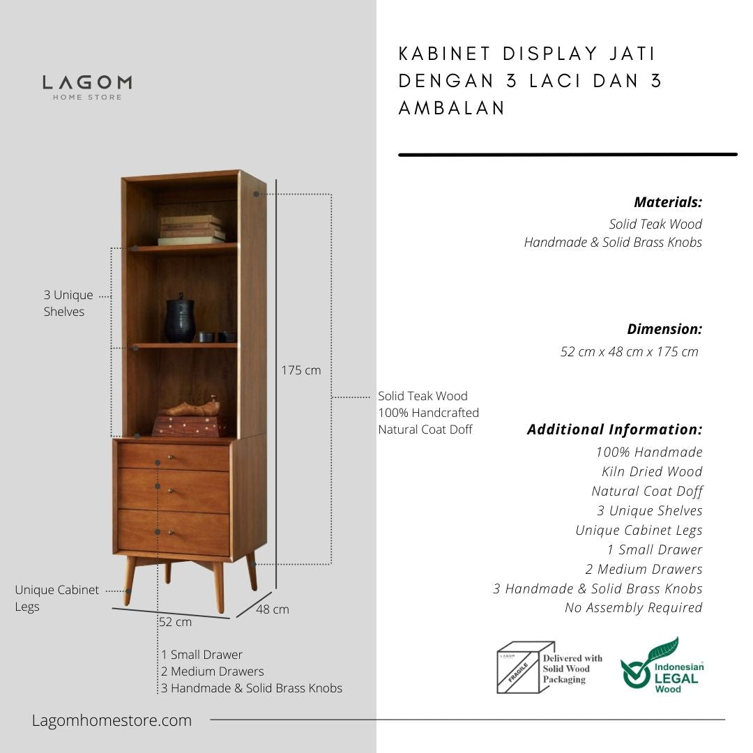 Rak Buku dengan Laci Penyimpanan dari Kayu Jati Solid Bookshelf Lagom Home Store Jati Furnitur Teak Furniture Jakarta