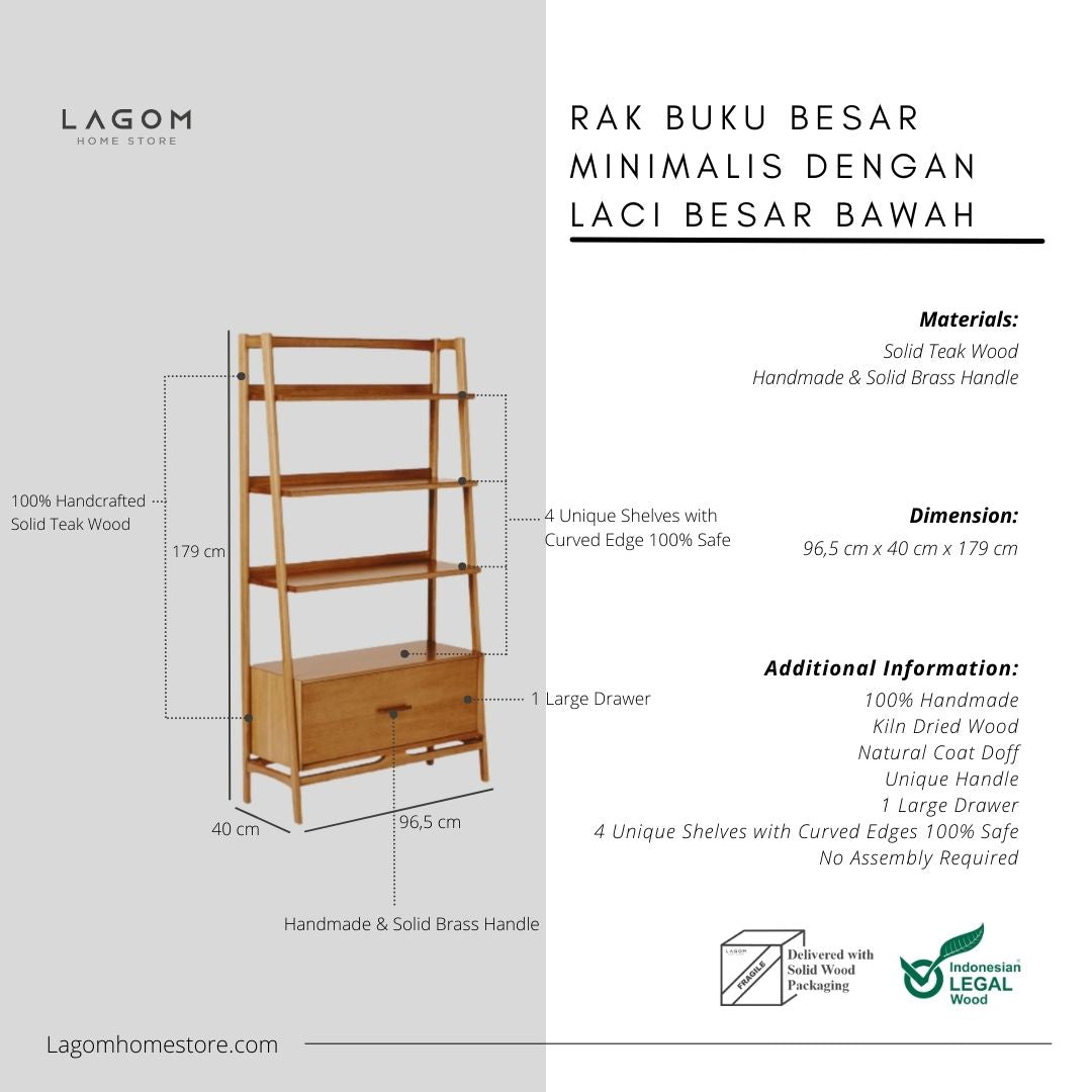Rak Buku Minimalis Bahan Kayu Jati Solid dengan Laci Bookshelves Lagom Home Store Jati Furnitur Teak Furniture Jakarta