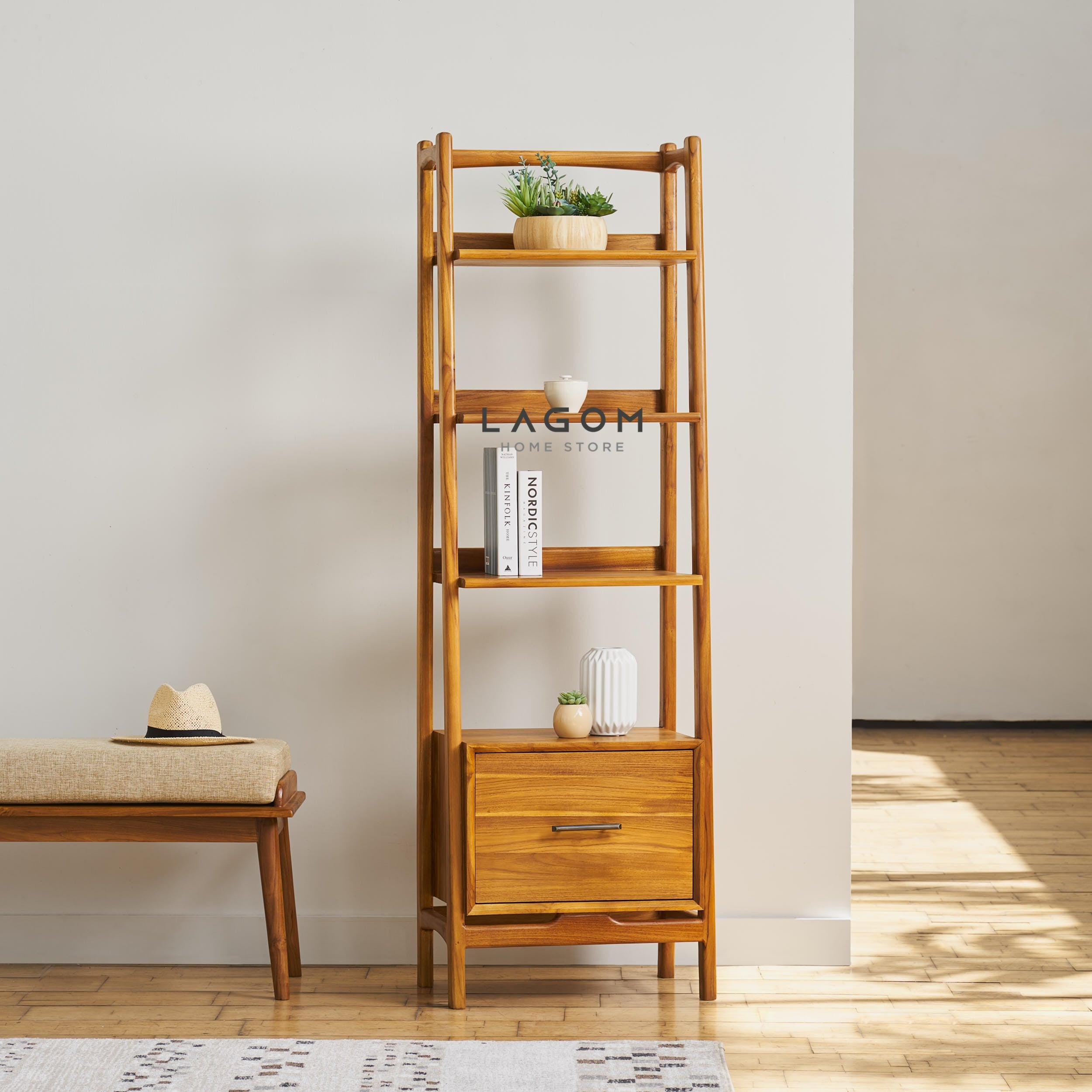 Rak Buku Tinggi Unik dengan Laci Kayu Jati Solid Bookshelf Lagom Home Store Jati Furnitur Teak Furniture Jakarta