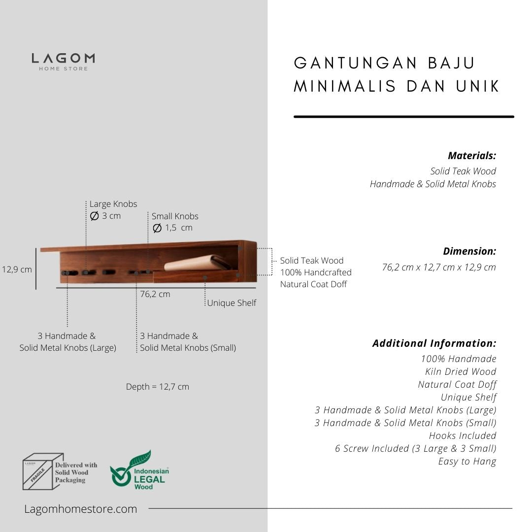 Rak dan Gantungan Dinding Multifungsi dari Kayu Jati Solid Wall Coat Hanger Lagom Home Store Jati Furnitur Teak Furniture Jakarta