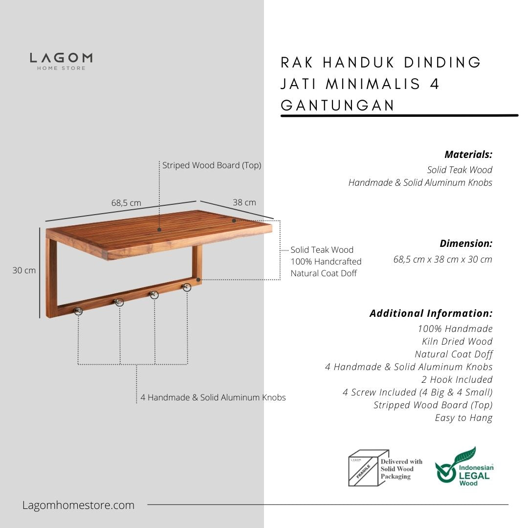Rak Handuk Dinding Minimalis 4 Gantungan dari Kayu Jati Towel Rack Lagom Home Store Jati Furnitur Teak Furniture Jakarta