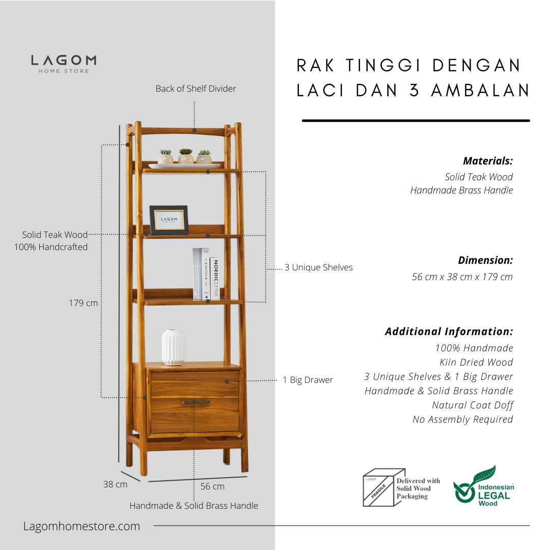 Rak Kayu Jati dengan 3 Ambalan dan 1 Laci Bookshelf Lagom Home Store Jati Furnitur Teak Furniture Jakarta