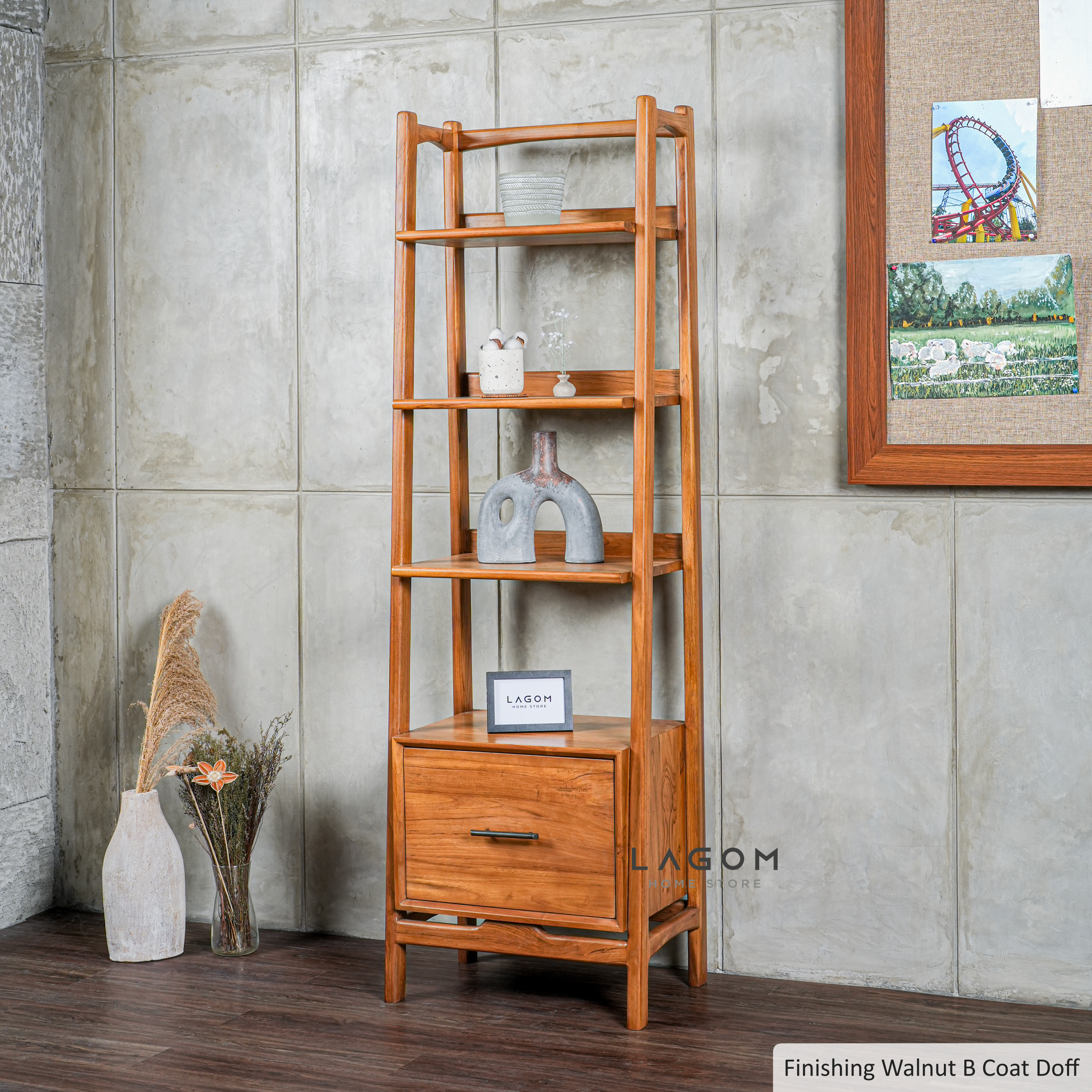 Rak Kayu Jati dengan 3 Ambalan dan 1 Laci Bookshelf Lagom Home Store Jati Furnitur Teak Furniture Jakarta