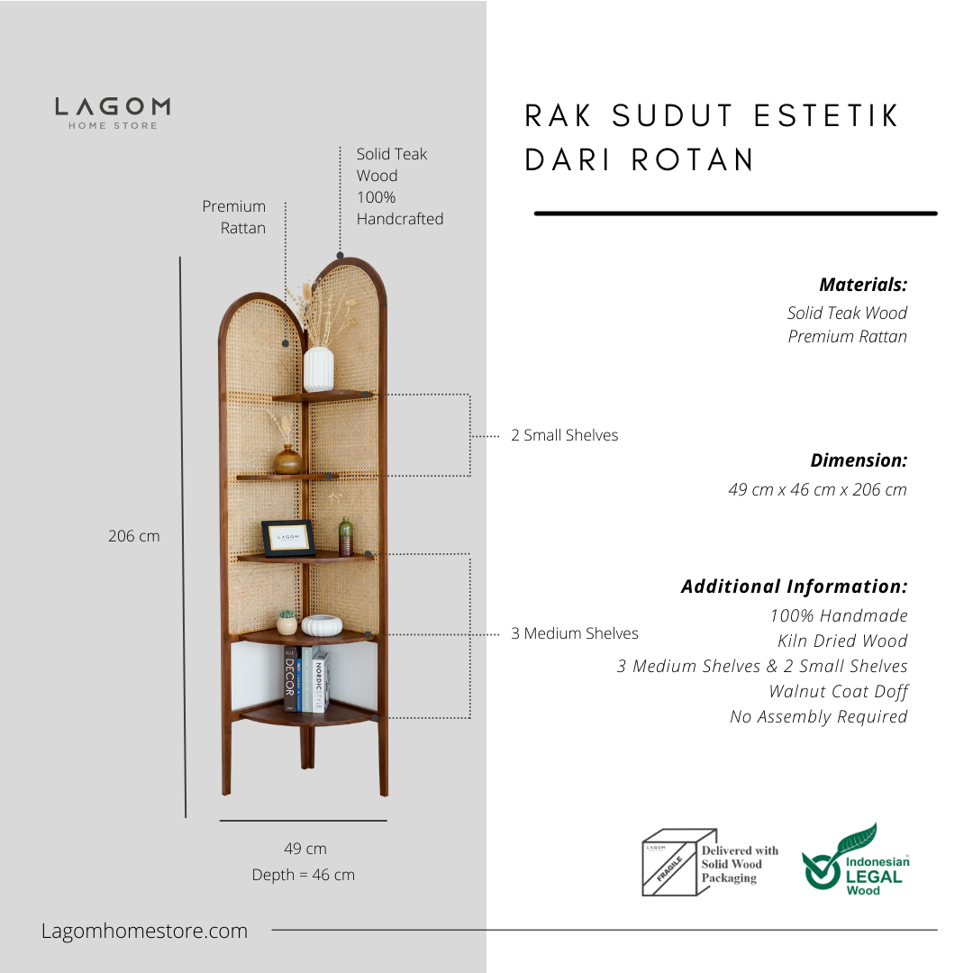 Rak Sudut Estetik dari Kayu Jati dan Rotan Bookshelf Lagom Home Store Jati Furnitur Teak Furniture Jakarta