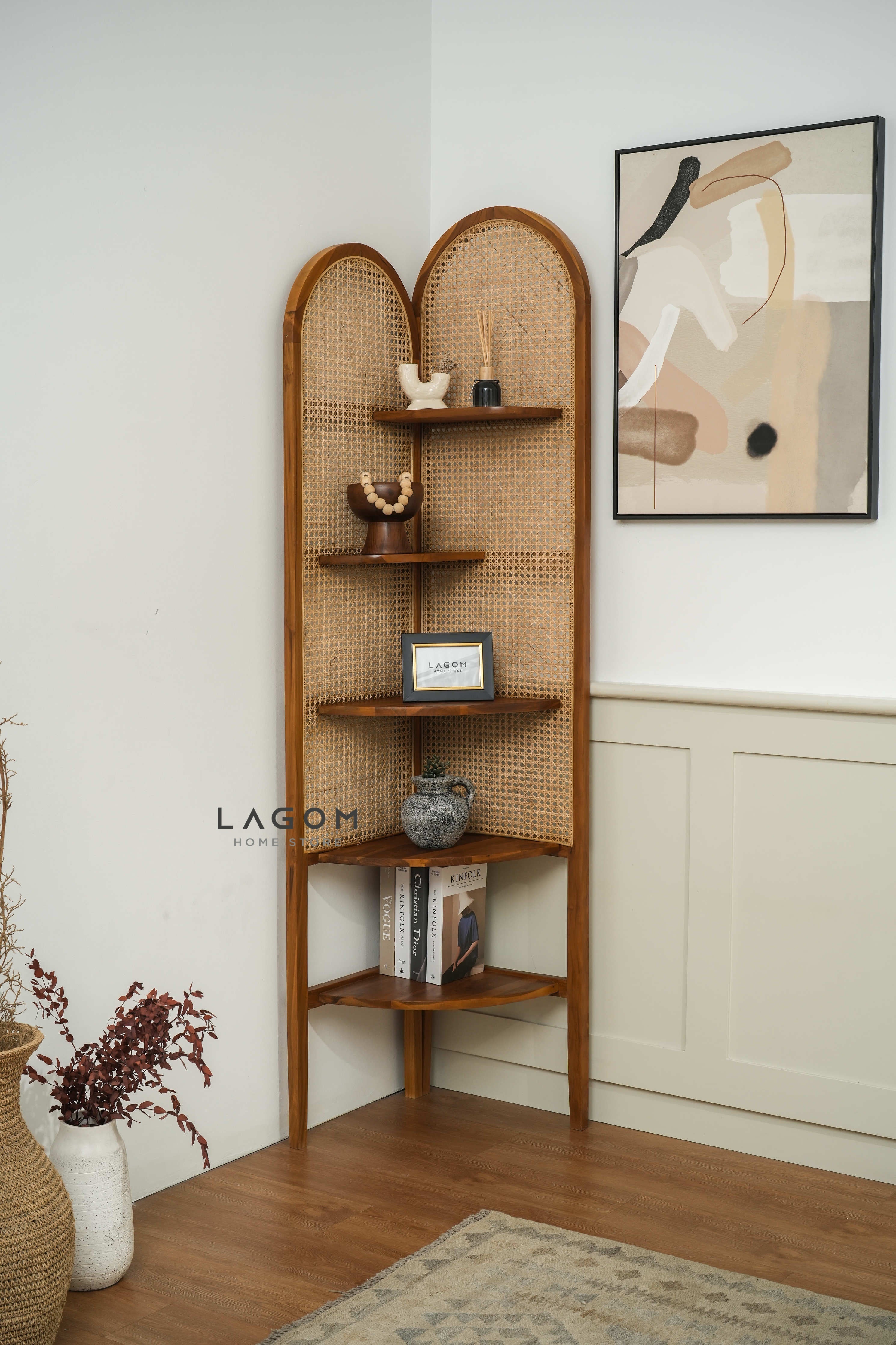 Rak Sudut Estetik dari Kayu Jati dan Rotan Bookshelf Lagom Home Store Jati Furnitur Teak Furniture Jakarta