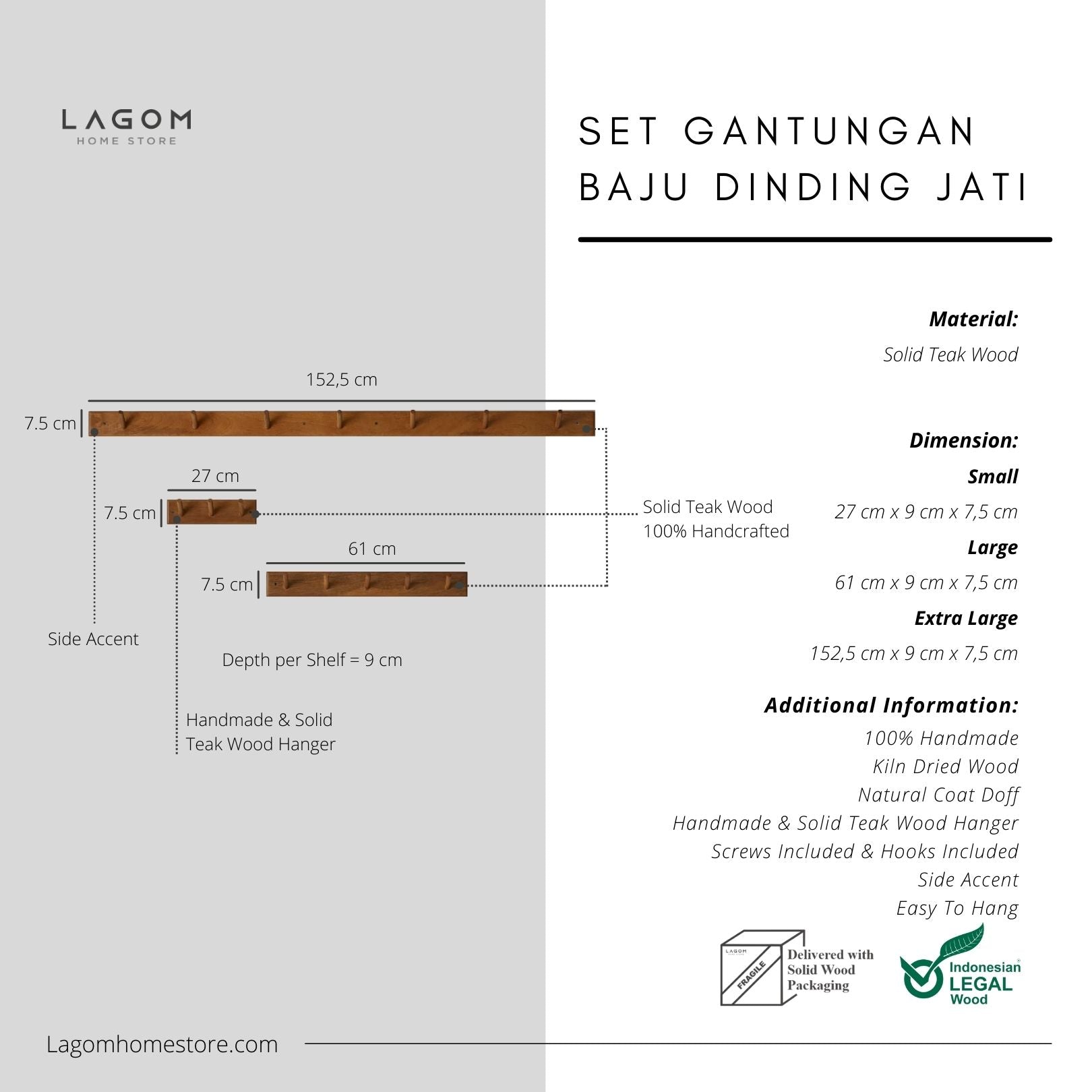 Set Gantungan Pakaian Multifungsi dengan 3 Ukuran Wall Coat Hanger Lagom Home Store Jati Furnitur Teak Furniture Jakarta