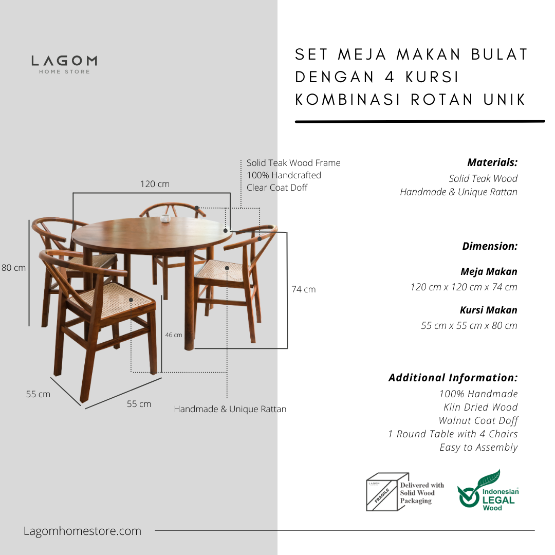 Set Meja Makan Bulat dengan 4 Kursi Kombinasi Rotan Unik Dining Set Lagom Home Store Jati Furnitur Teak Furniture Jakarta