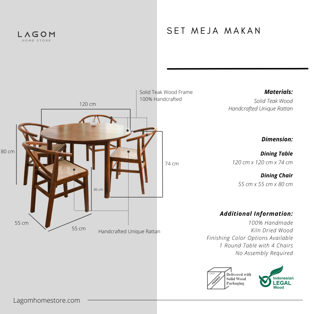 Set Meja Makan Bulat Kayu Jati dengan 4 Kursi Kombinasi Rotan Unik Dining Set Lagom Home Store Jati Furnitur Teak Furniture Jakarta