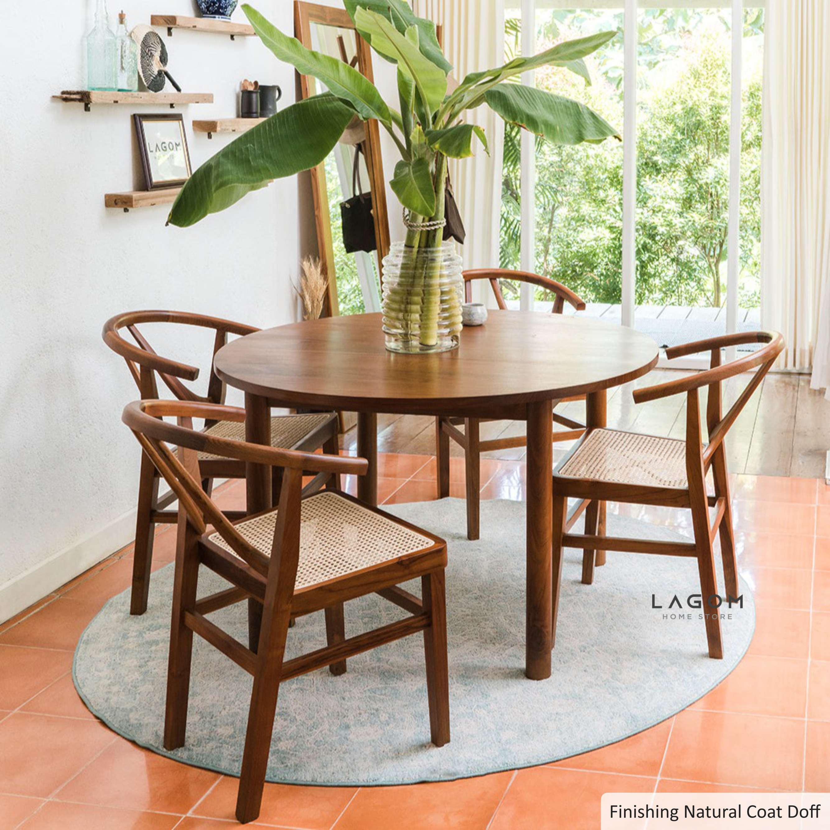 Set Meja Makan Bulat Kayu Jati dengan 4 Kursi Kombinasi Rotan Unik Dining Set Lagom Home Store Jati Furnitur Teak Furniture Jakarta