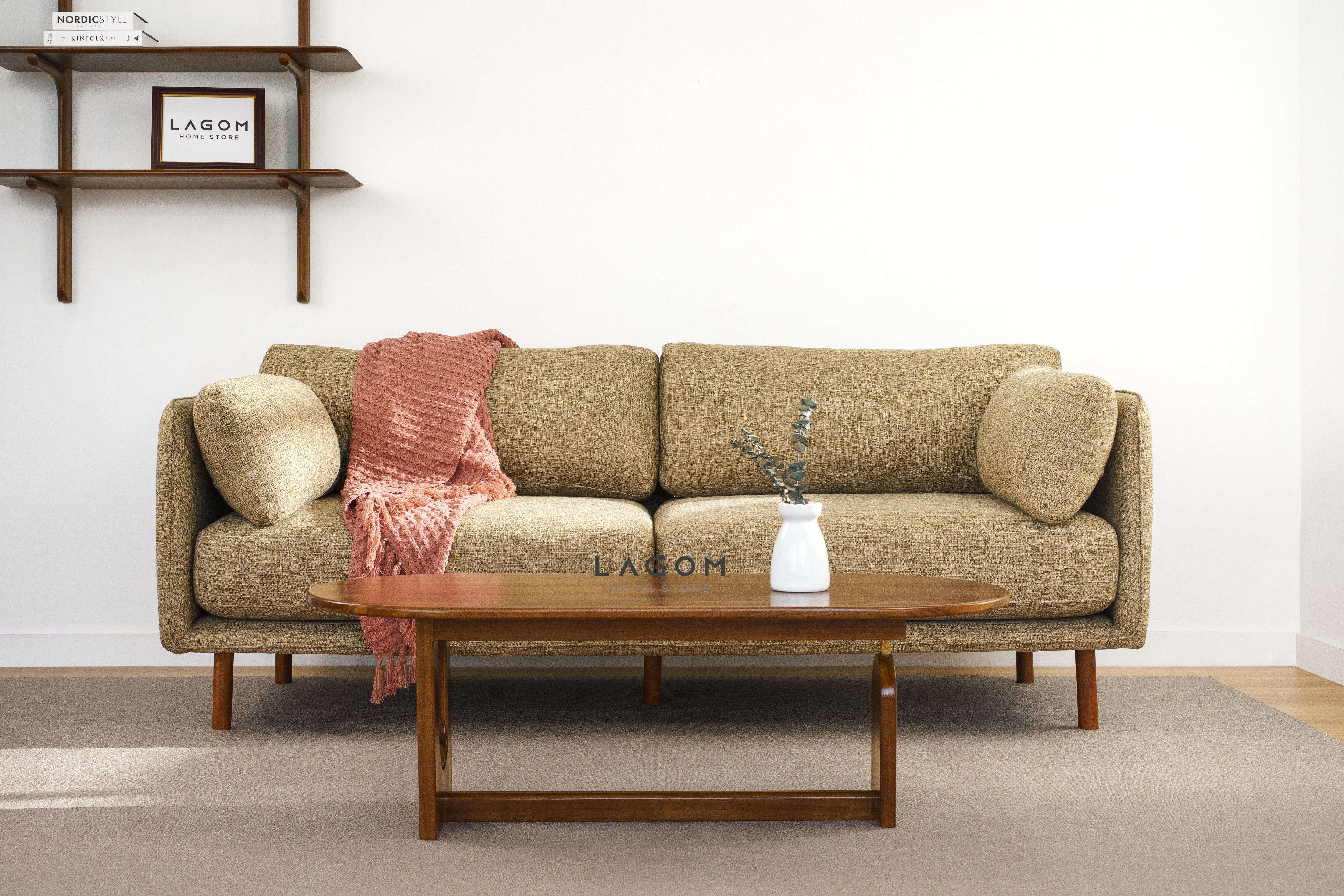 Sofa Minimalis dari Kayu Jati dan Polyester Fabric Sofa Lagom Home Store Jati Furnitur Teak Furniture Jakarta