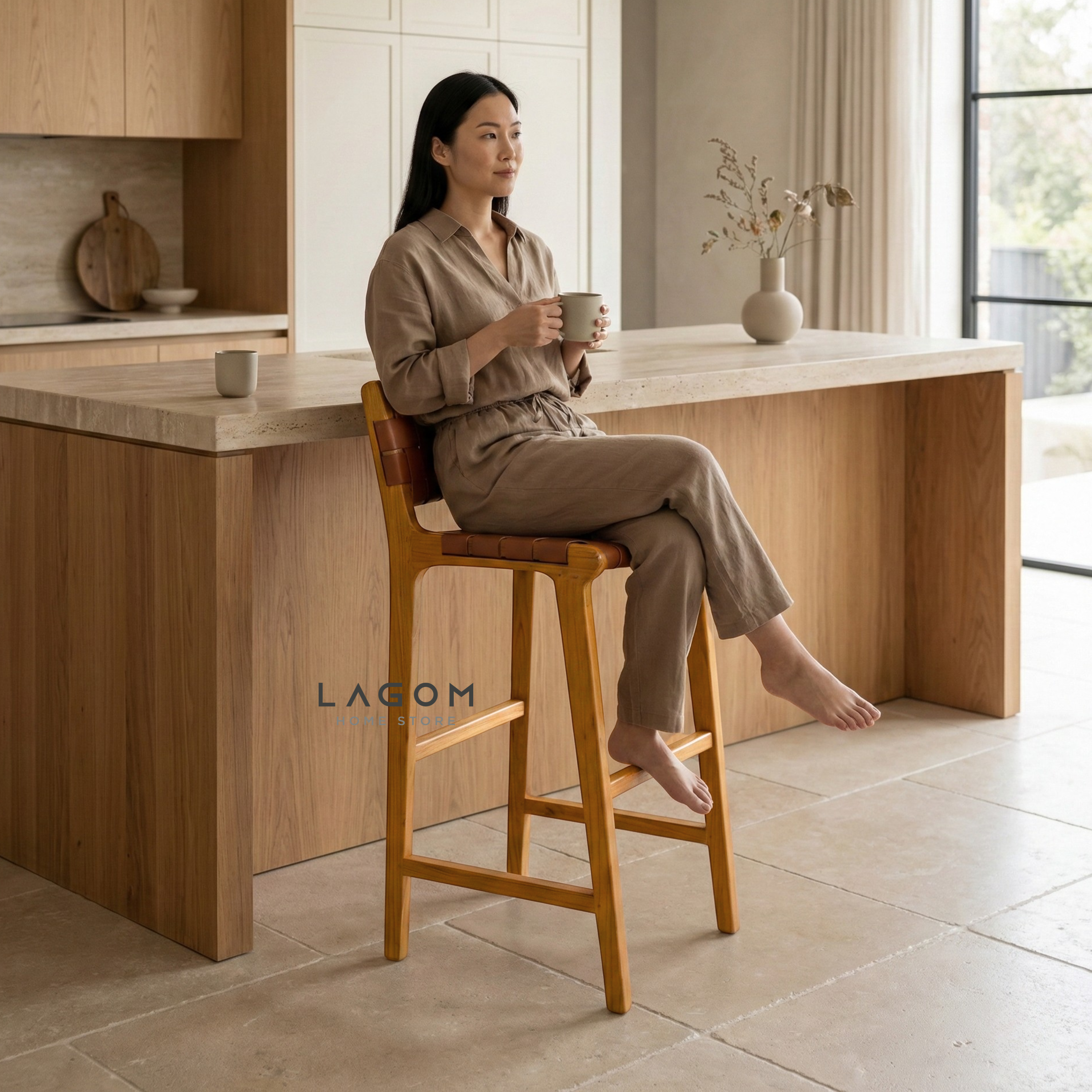 Solid Teak Bar Stool with Genuine Leather Bar Stool Lagom Home Store Jati Furnitur Teak Furniture Jakarta