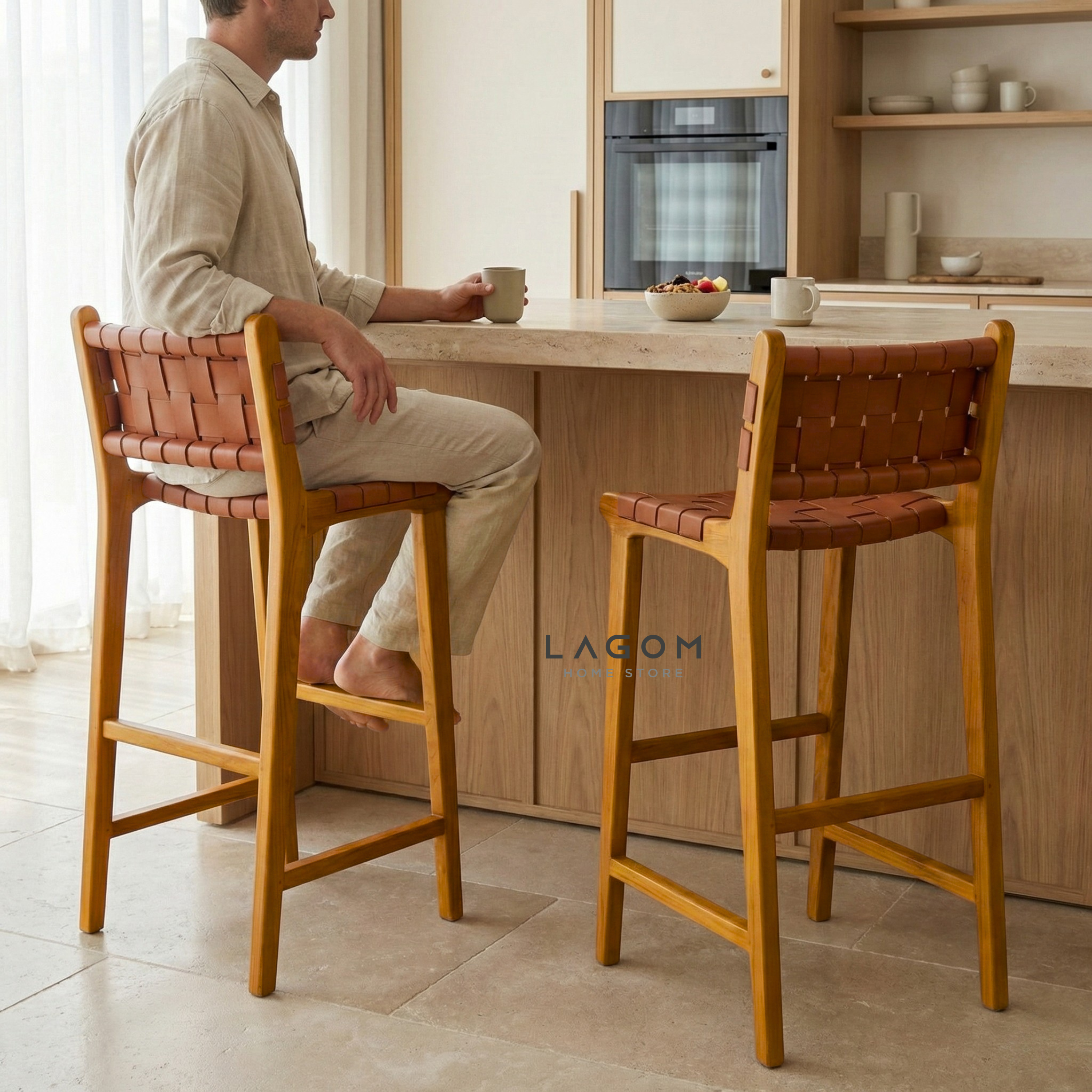 Solid Teak Bar Stool with Genuine Leather Bar Stool Lagom Home Store Jati Furnitur Teak Furniture Jakarta