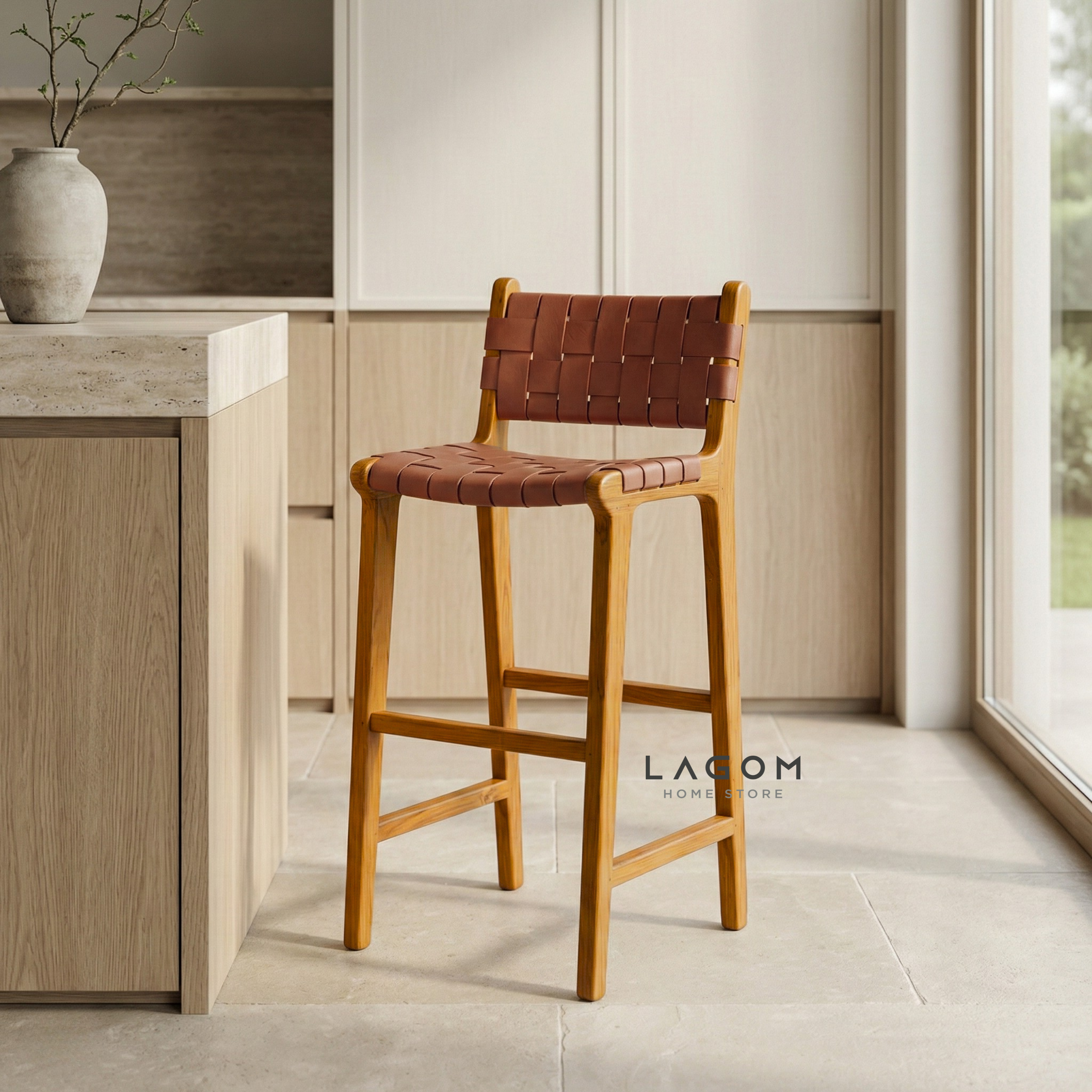 Solid Teak Bar Stool with Genuine Leather Bar Stool Lagom Home Store Jati Furnitur Teak Furniture Jakarta
