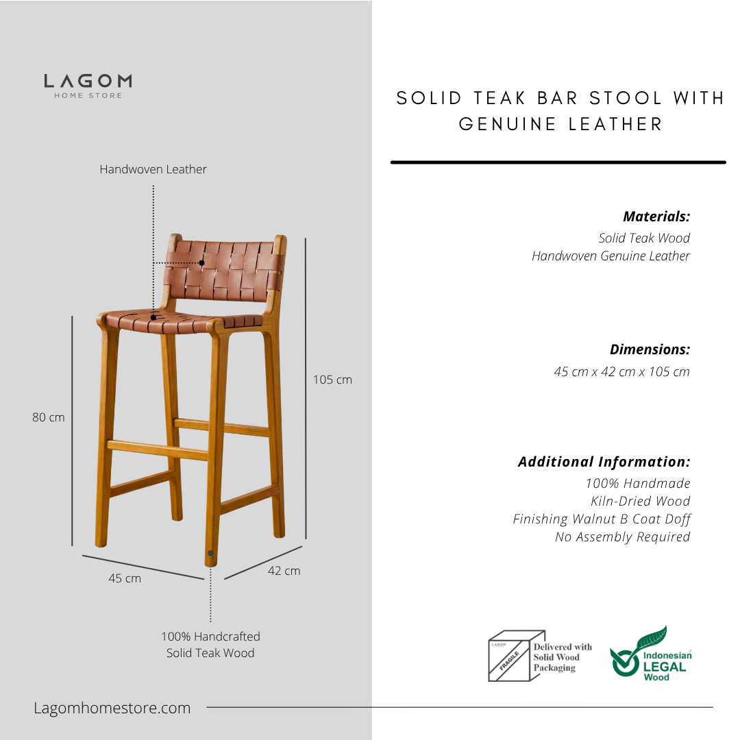 Solid Teak Bar Stool with Genuine Leather Bar Stool Lagom Home Store Jati Furnitur Teak Furniture Jakarta