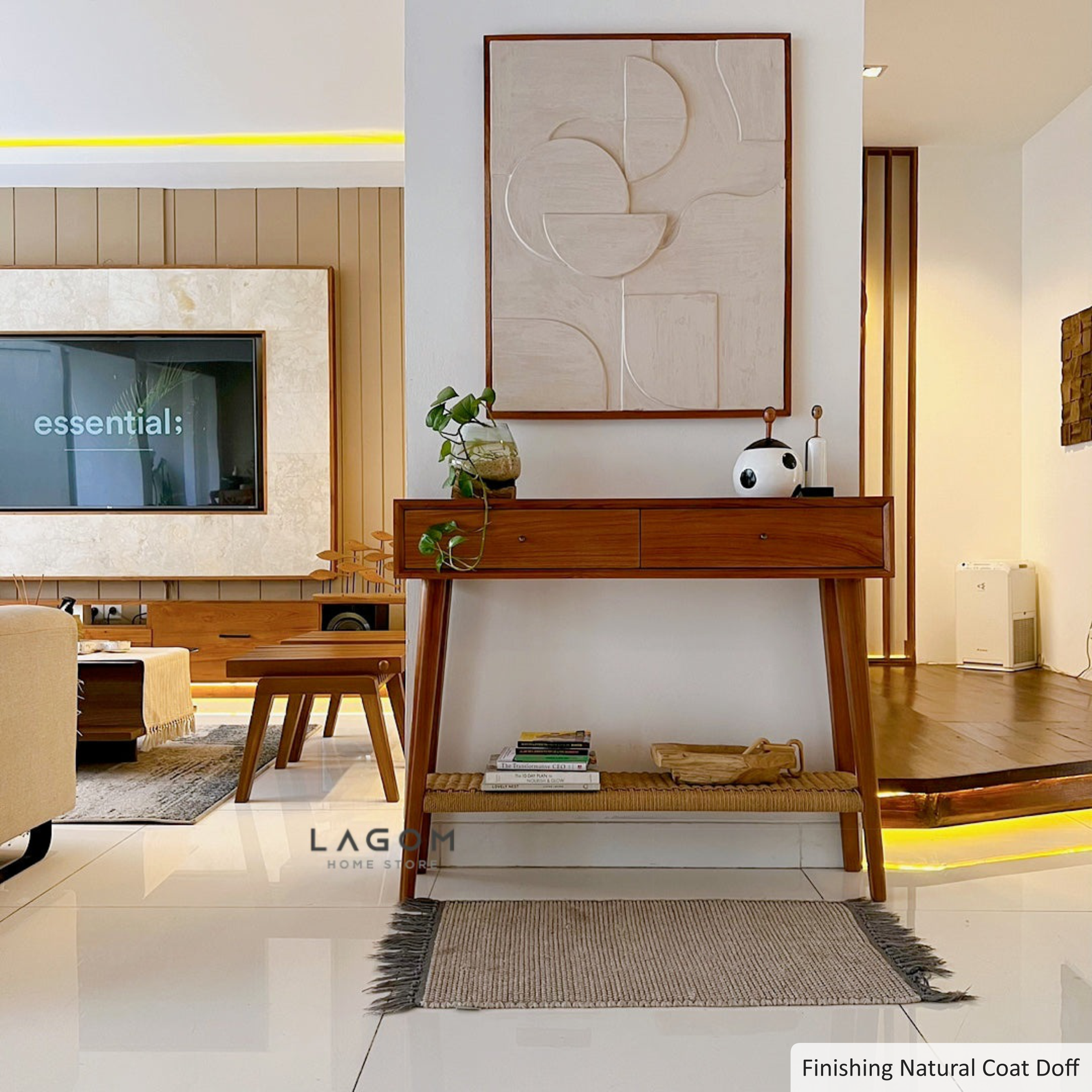 Solid Teak Console Table with Drawers & Loom Shelf Console Table Lagom Home Store Jati Furnitur Teak Furniture Jakarta