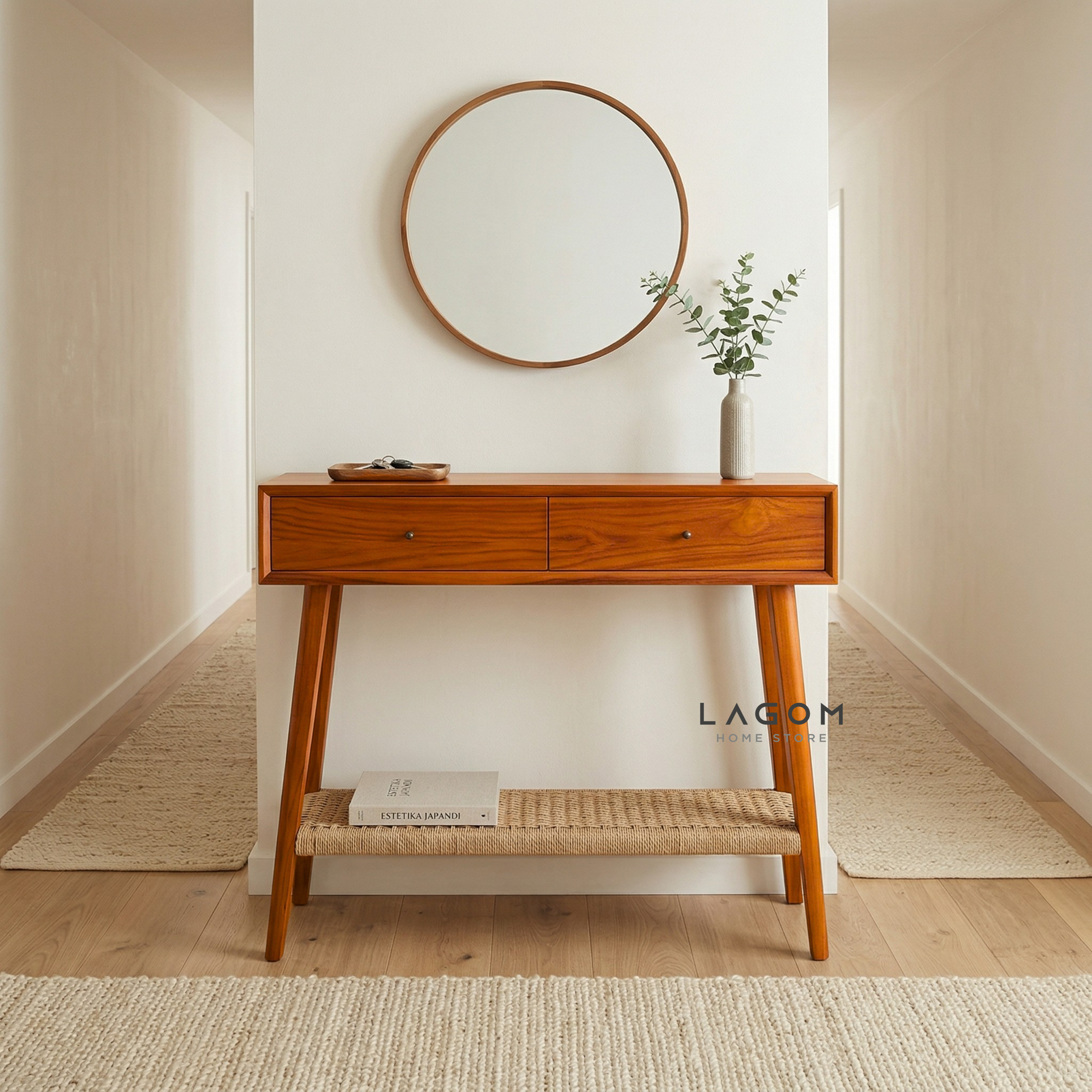 Solid Teak Console Table with Drawers & Loom Shelf Console Table Lagom Home Store Jati Furnitur Teak Furniture Jakarta