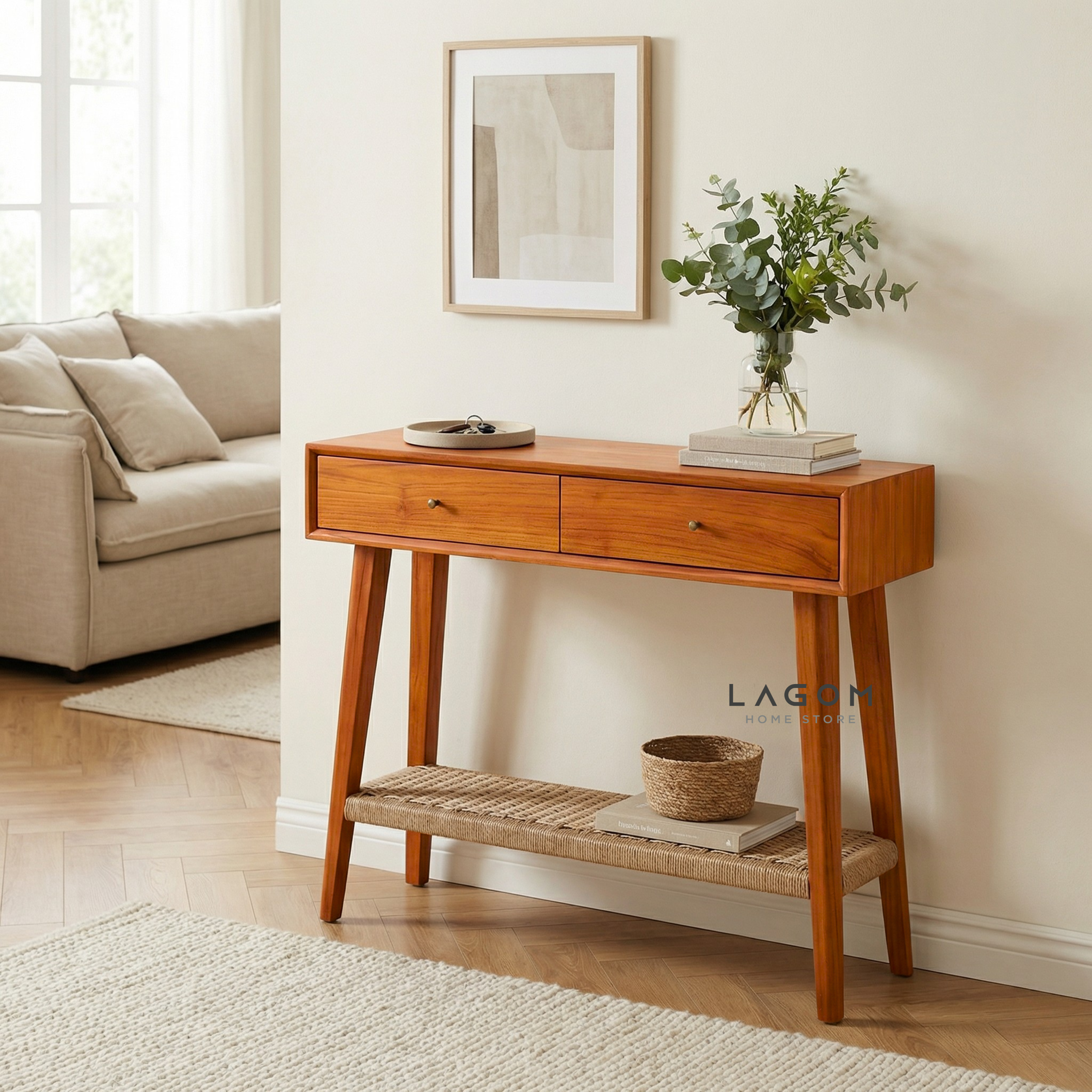 Solid Teak Console Table with Drawers & Loom Shelf Console Table Lagom Home Store Jati Furnitur Teak Furniture Jakarta