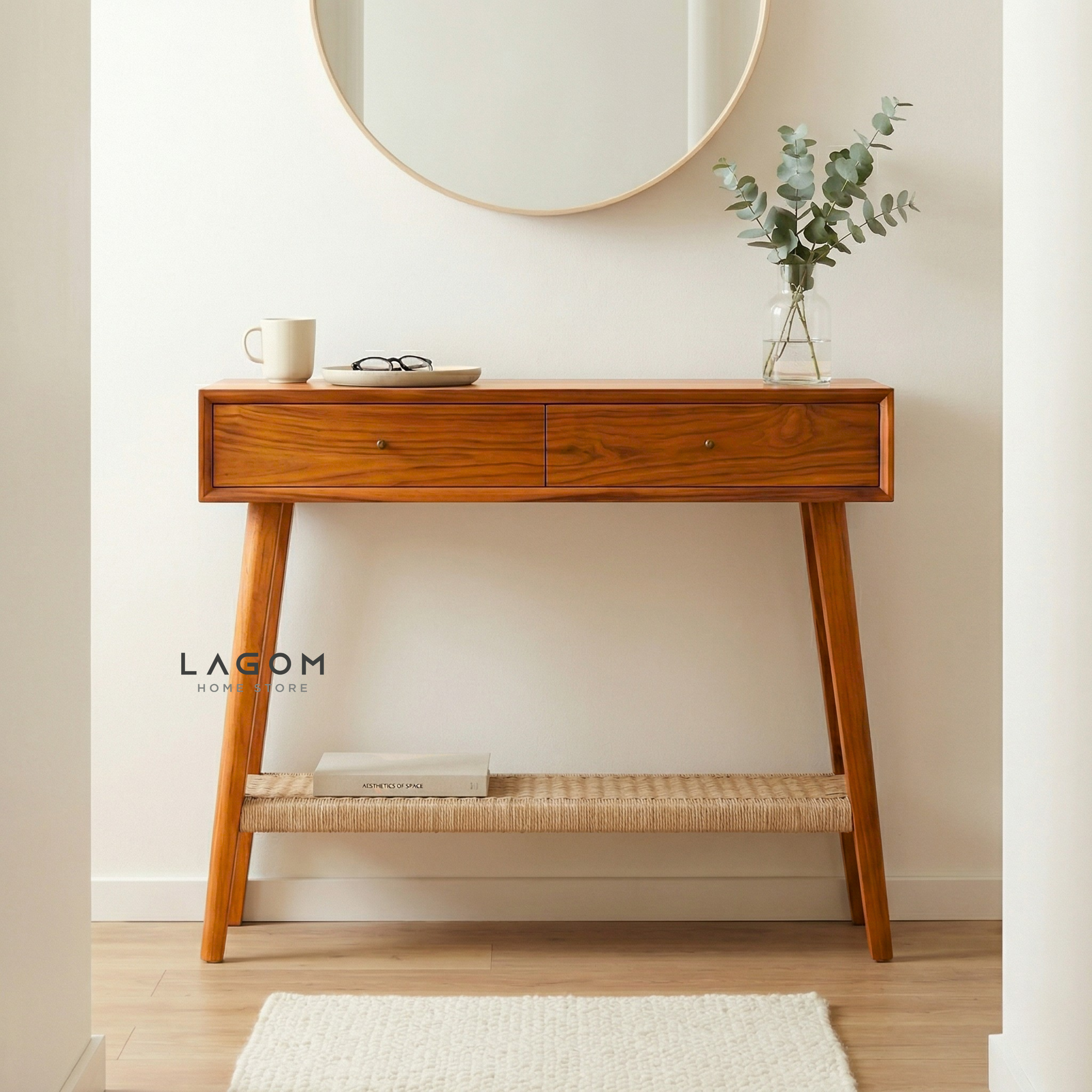 Solid Teak Console Table with Drawers & Loom Shelf Console Table Lagom Home Store Jati Furnitur Teak Furniture Jakarta