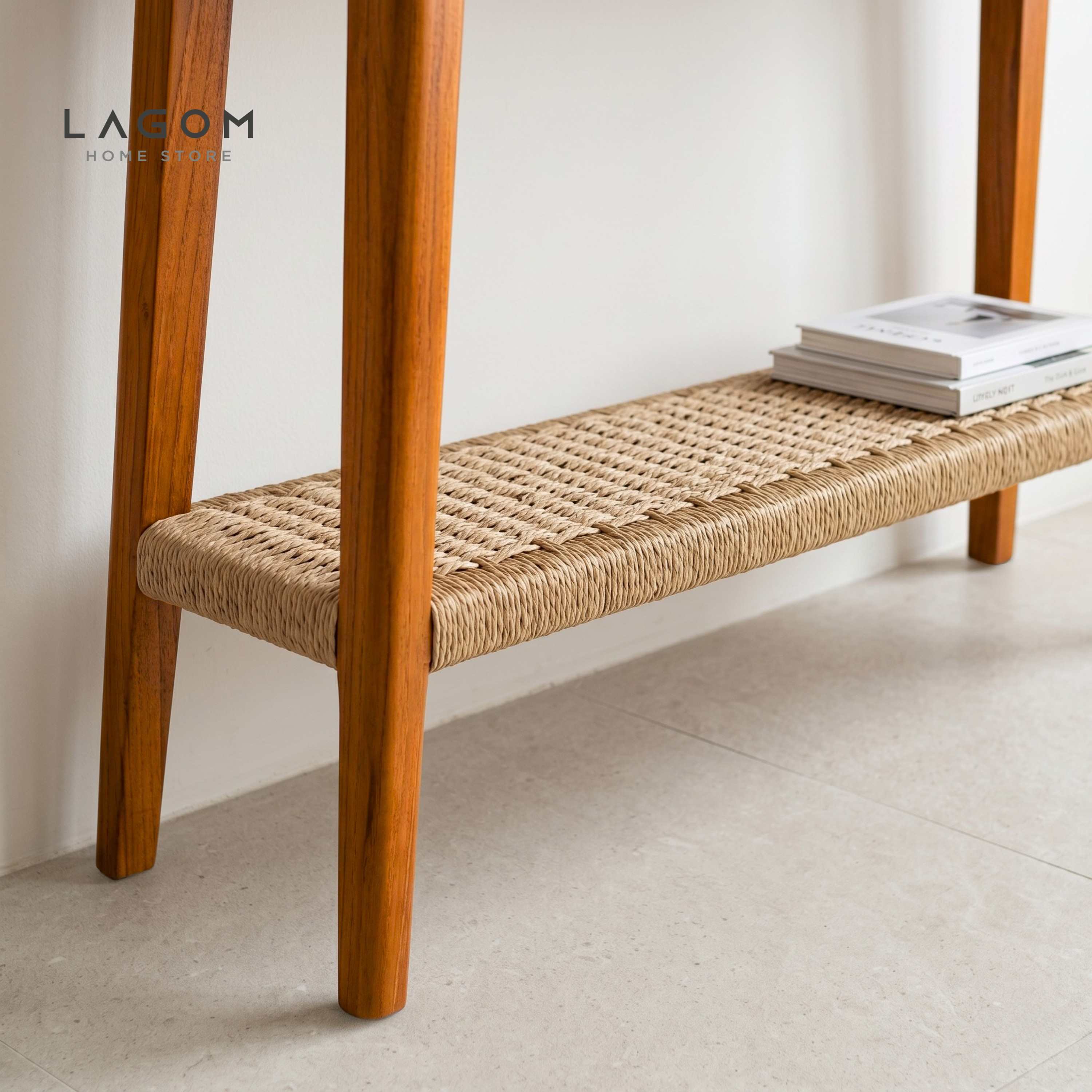 Solid Teak Console Table with Drawers & Loom Shelf Console Table Lagom Home Store Jati Furnitur Teak Furniture Jakarta